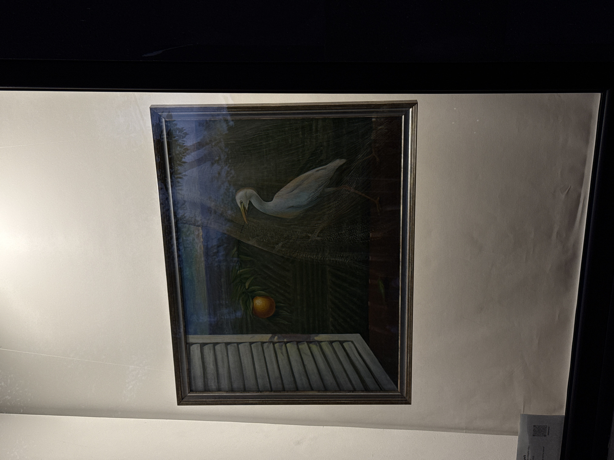 A photograph captures a framed painting displayed on a light-colored wall, likely within an art gallery or exhibition in Yerevan, Armenia. The painting, housed in a dark frame, depicts a stylized scene centered around a white bird, possibly an egret or heron, positioned horizontally with its head facing left. Its pale body stands out against a dark background of deep green foliage, which resembles palm fronds, and areas of dark blue, creating a textured, almost netted appearance in places.
In the lower-middle section of the painting, a single, round orange-colored fruit is nestled among the dark leaves. Below this, a grey, slatted structure, reminiscent of louvers or shutters, spans the bottom width of the canvas, suggesting a window or balcony. The artwork utilizes a palette of dark greens, blues, grays, white, and orange, rendered in a somewhat graphic or surreal style.
The photograph is taken at an angle, revealing the off-white wall with some reflections and minor creases. A bright light source from the left casts a prominent glare across the upper left portion of the wall and the painting's protective glass, obscuring some details of the artwork. Dark, possibly black, architectural elements or display structures frame the top and right edges of the overall image. In the bottom right corner of the photograph, a small white informational card is partially visible, featuring a QR code and text that includes "յոլպւկ", "App", and "the tutorial", characteristic of exhibition signage.
