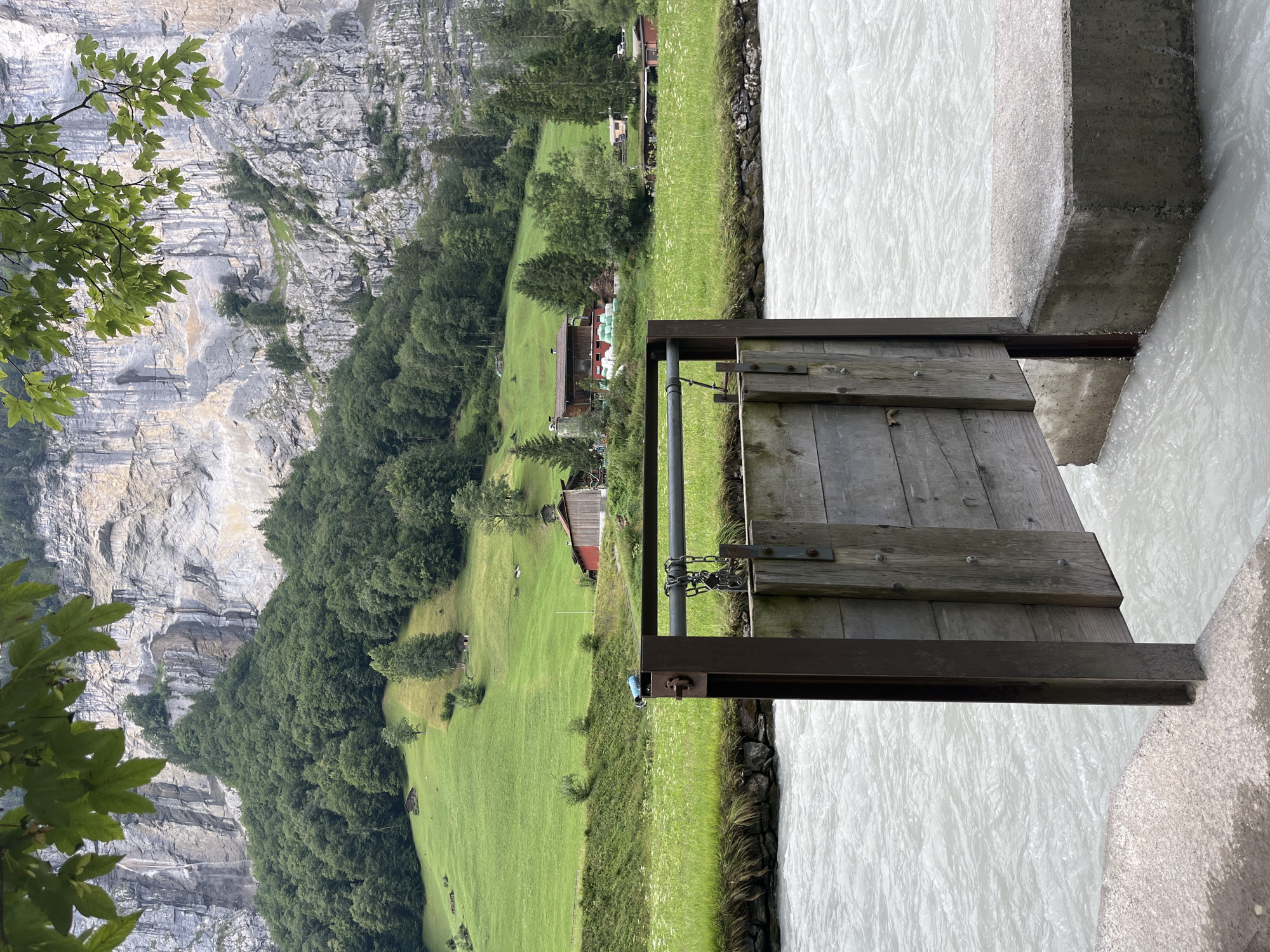 The image depicts a section of the Wengernalp railway line in Wengen, Switzerland, featuring a wooden gate mechanism situated at the edge of a fast-flowing, milky-white river. The gate, constructed from weathered wooden planks and supported by a metal frame, is partially open, allowing the river to flow through. In the background, lush green meadows ascend towards a dramatic, sheer cliff face, dotted with trees and small chalets. The scene is framed by the dappled leaves of a tree in the foreground, suggesting a natural, mountainous environment. The overall impression is one of a picturesque Alpine village setting with functional infrastructure integrated into the landscape.