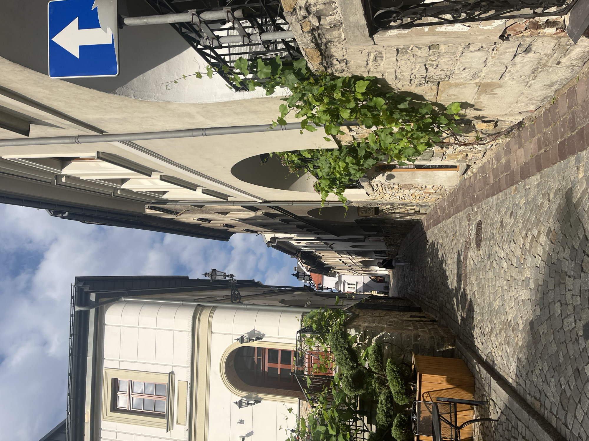 The image shows a narrow cobblestone street in a European town, likely during the daytime given the shadows. The buildings on either side are old and charming, with stone facades and ornate architectural details. Greenery, such as vines and small trees, adds a touch of life to the scene.
On the left side of the street, there is a building with a white facade and a large arched window. Further down, another building has a window with a decorative frame and what appears to be a small balcony. A blue street sign with a white arrow pointing left is visible at the top of the image, suggesting traffic direction.
The street itself is paved with cobblestones, and the right side of the image shows a weathered stone wall. A wooden planter box and a table with chairs are placed along the sidewalk, hinting at outdoor seating for a nearby establishment.
The sky is partly cloudy, indicating fair weather. The overall atmosphere is quiet and picturesque, evoking a sense of old-world charm. There are no visible people actively engaged in activity within the frame. The image is oriented sideways.