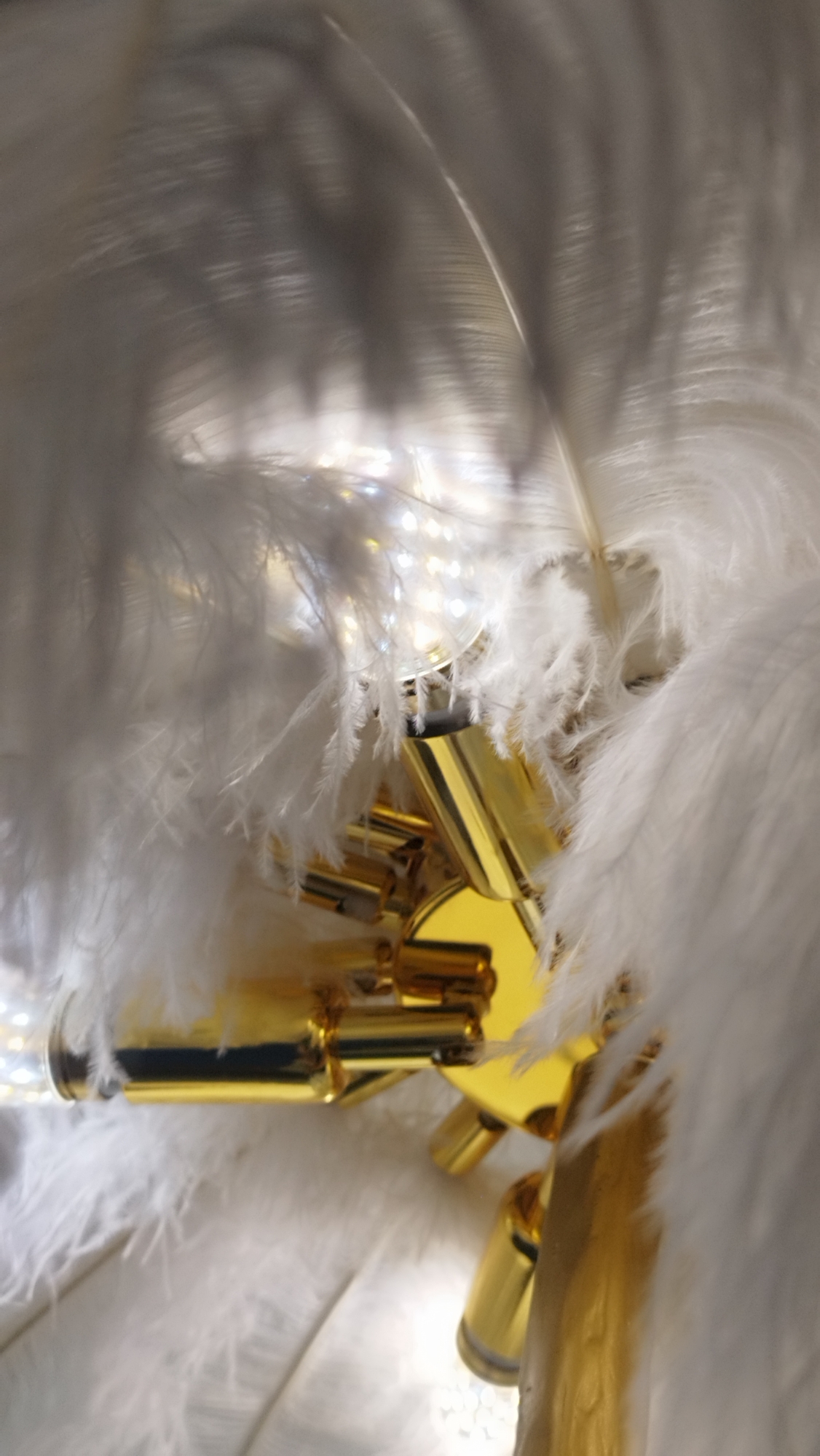 A close-up, abstract shot focuses on a gold-colored object, possibly a piece of decorative hardware or a part of a larger item, intertwined with white feathers. The object exhibits a polished, metallic sheen and features multiple cylindrical components and a larger, curved section. The feathers are soft and wispy, creating a cloud-like effect around the gold object. In the background, blurred white lights add a bokeh effect to the scene, suggesting they are small light sources. The overall impression is one of elegance and delicacy, with a strong contrast between the metallic hardness of the gold and the ethereal softness of the feathers. The image is taken from a low angle, looking upwards.