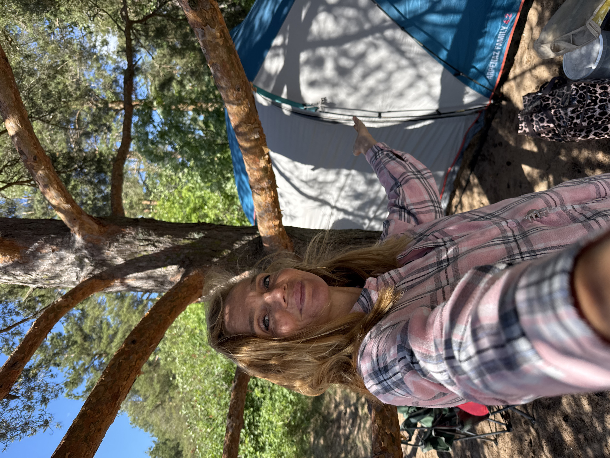 A woman with blonde hair, wearing a pink and gray plaid shirt, stands in a forest near a tent. She is facing the camera and smiling, with her right arm extended towards the tent. The tent is blue and gray and appears to be set up in a sandy area. Behind the tent, there are trees and foliage. The image was taken in the city of Zelenaya Roshcha, Russia.