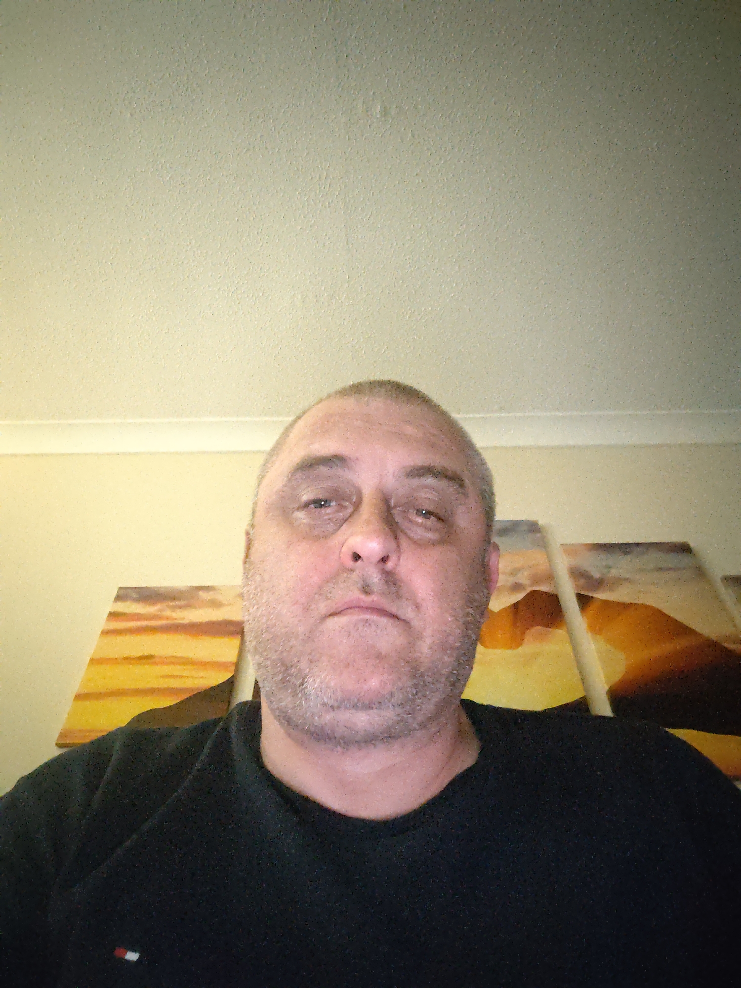 The image features a close-up, head-and-shoulders portrait of a middle-aged man, likely taken indoors in Huntingdonshire, United Kingdom. The man, possibly bald or with very short, light-colored hair, has a short stubble beard and a neutral, somewhat serious expression. His eyes appear slightly heavy-lidded. He is looking directly at the camera.
He is wearing a dark (likely black) long-sleeved top or sweater. A small, rectangular emblem, characterized by red, white, and blue stripes, is visible on the left side of his chest (viewer's right).
The background consists of a textured, light-colored ceiling occupying the upper portion of the frame, beneath which is a white dado rail or picture rail. Below the rail is a creamy yellow or beige wall. On this wall, behind the man, are three rectangular art panels, possibly canvas prints, arranged side-by-side. These panels depict an abstract or stylized landscape with warm, earthy tones of orange, yellow, and brown, perhaps resembling a sunset or a desert scene.
The lighting appears to be artificial indoor lighting, casting soft shadows and contributing to a slight yellow cast in the overall image. The photograph is likely a selfie, given the direct gaze and close perspective, with the camera held slightly below eye level. There is no other discernible text in the image apart from the described emblem.