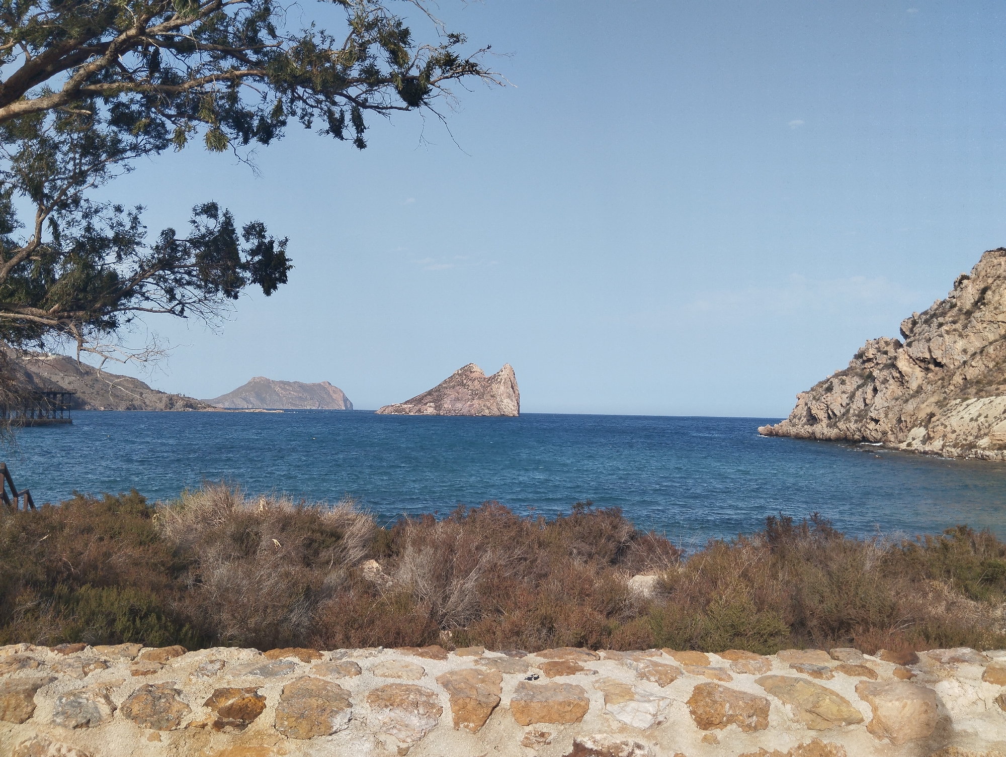 The image depicts a scenic coastal view from a slightly elevated position, overlooking a bay with calm, deep blue water. In the foreground, a low, rough-hewn stone wall forms the base of the composition, with dry, scrubby bushes and sparse vegetation growing behind it. The middle ground is dominated by the expanse of the sea.
Further out, three distinct rocky formations rise from the water. The most prominent is a large, jagged island with a flat top, situated in the center of the bay. To the left, a more elongated island or peninsula is visible, with gently sloping terrain. To the right, a rugged cliff face juts out into the sea, forming the edge of the bay. The background consists of a clear, pale blue sky, with no visible clouds. A tree with dark green foliage and bare branches is framing the upper left portion of the image. The scene appears to be a natural, undeveloped coastal area, likely a viewpoint overlooking a tranquil bay. This location is likely the viewpoint overlooking the bay of **Cala de la Laja** in Águilas, Spain, given the distinctive rocky islands and the overall coastal geography.