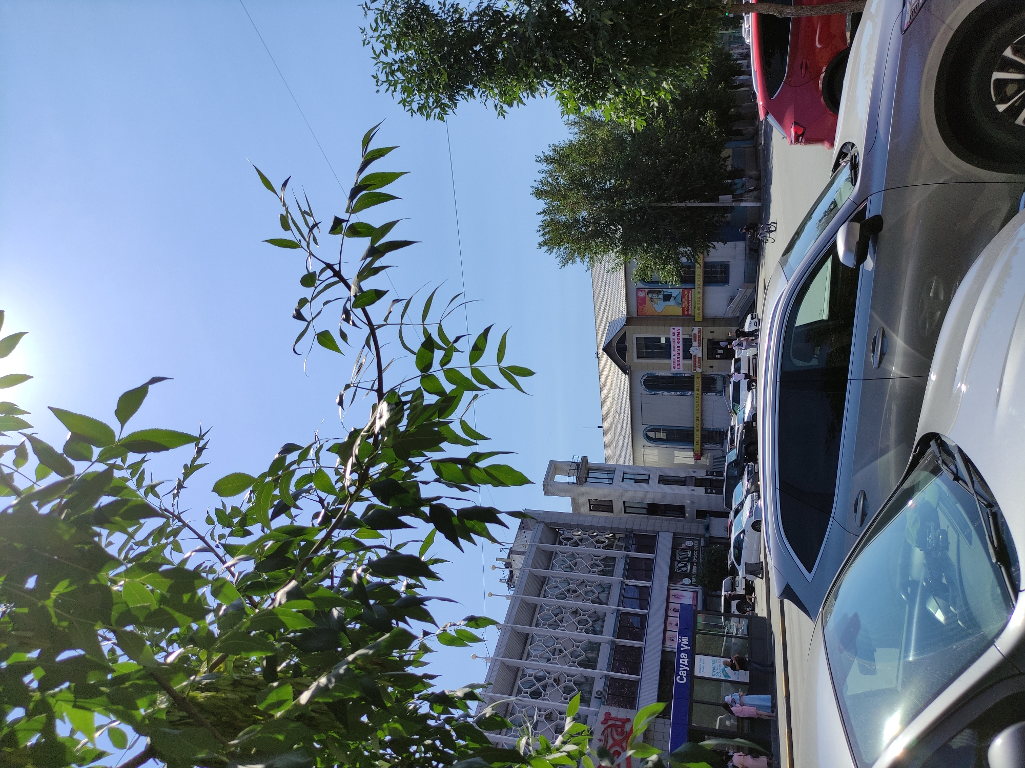 The image captures a street scene in Semey, Kazakhstan on a bright, sunny day. In the foreground, the front of a silver SUV is visible, with its windshield reflecting the sky and some greenery. Partially obscured behind it is the hood of another silver vehicle. The street itself is paved, with several cars parked or driving. A red SUV is visible on the right side of the road.
Further back, a building with a distinct geometric facade, featuring repeated diamond-like patterns, dominates the left side of the image. Below this building, a blue and white kiosk with the signage "Сауда үй" (Trade House) is present. Several individuals are standing near the kiosk. Adjacent to this is a smaller white building. In the mid-ground, a larger building with a gray roof and an arched entrance is visible, displaying posters with images and text in Cyrillic. Trees with lush green foliage line the street, with some branches hanging into the foreground, obscuring parts of the sky. The sky is a clear, bright blue. A person on a bicycle is visible in the distance, cycling across the street. The overall impression is a bustling urban environment under clear, sunny weather.