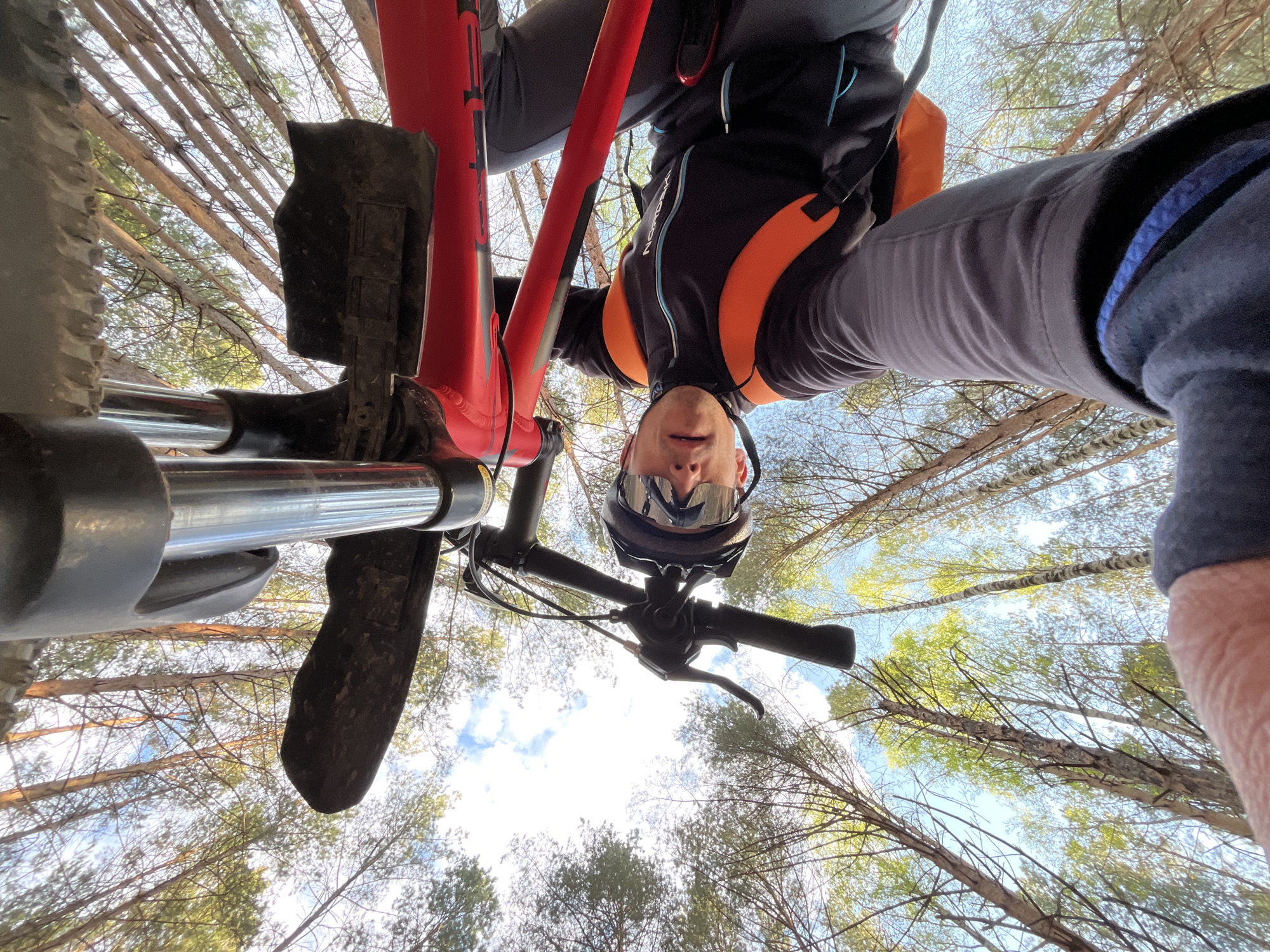 A man is taking a selfie from a low-angle perspective while standing over his red mountain bike in a forest. The trees are tall and thin, and their branches form a canopy overhead, with glimpses of the sky visible through the leaves. The man is wearing a black and orange jacket, gray pants, and a helmet with reflective goggles. The front wheel of the bike is visible in the foreground, as well as part of the suspension forks. The photo appears to have been taken in a wooded area in the city of Chaikovsky, Russia, based on typical birch tree varieties and soil composition in the region.