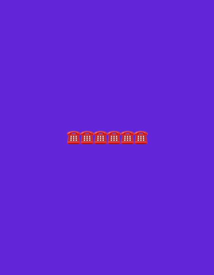 Six identical red rotary telephones are arranged in a horizontal line in the center of a vibrant purple background. The telephones are all facing forward, and their keypads are visible, each displaying a grid of buttons. The background is a solid, untextured color. There are no people, other objects, or environmental elements present in the image. The image does not contain any information or visual cues that would allow for a determination of its location in Moscow, Russia, or any other specific city.