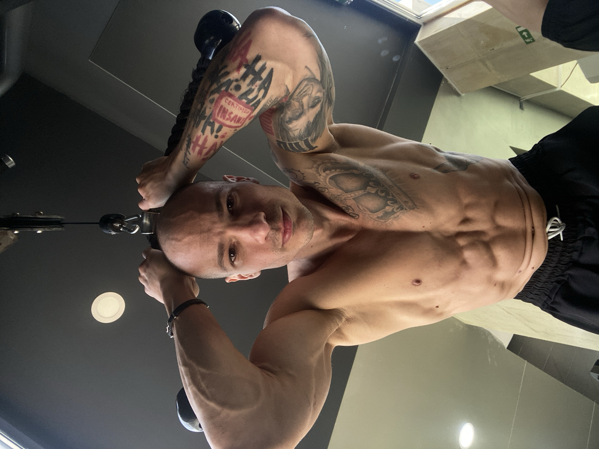 A man with a bald head and multiple tattoos on his arms and chest is photographed from a low angle. He appears to be in a gym, engaging in a cable exercise. He is shirtless, wearing dark shorts. The ceiling above is gray with a light fixture, and there's a window in the background, revealing a glimpse of what appears to be an exit sign and possibly an outdoor area. While the location in the city of Pleven, Bulgaria, cannot be determined with certainty from the image, it is implied as such.