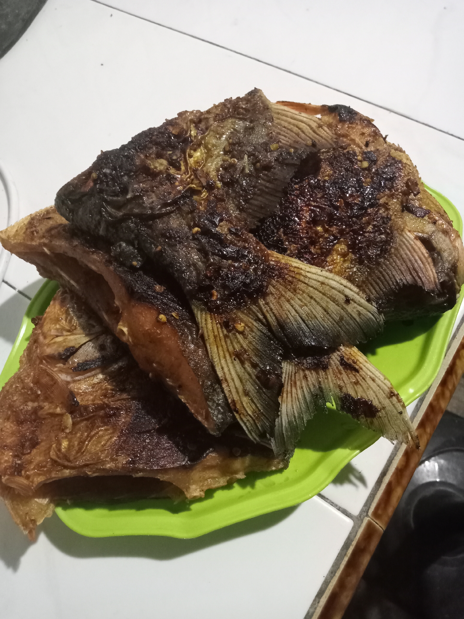 The image shows a green plate with two fried fish on top. The fish appear heavily browned, nearly burnt in places. The plate rests on a white surface with a border of small brown tiles. The location is Bungur, Indonesia.
