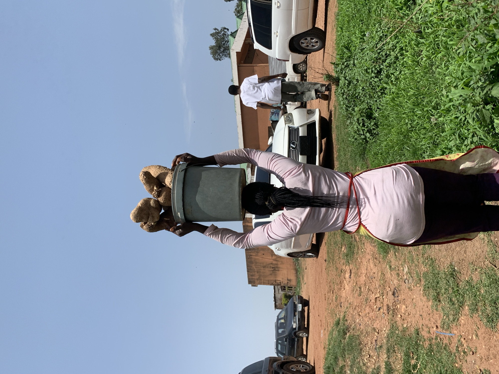 A woman carries a gray bucket filled with yam tubers on her head in Barakin Lerawi, Nigeria. She wears a light pink long-sleeved shirt, dark pants, and an apron. Her hair is braided. Behind her, a man in a white shirt and dark pants walks near parked white cars and lush green vegetation. The ground is reddish-brown, and the sky is blue. Several cars are visible in the scene, and a building is in the background.