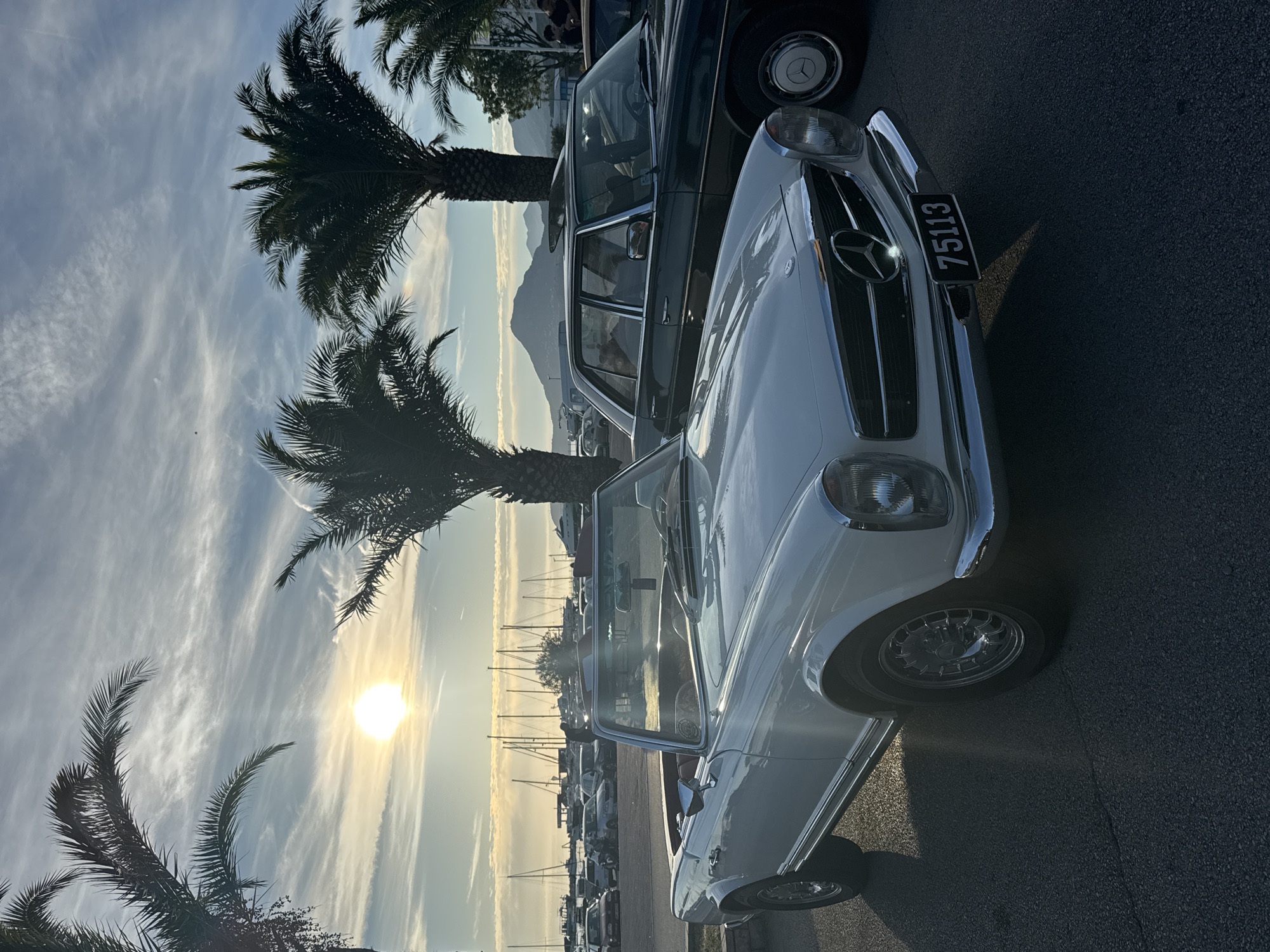 The scene depicts an outdoor setting in Bar, Montenegro, during late afternoon or early evening, characterized by the sun's low position and warm light. In the foreground, a white Mercedes-Benz W113 "Pagoda" convertible is prominently parked on asphalt, its top down, revealing a reddish-brown interior. The vehicle exhibits chrome bumpers, a chrome grille with the Mercedes-Benz star emblem, and multi-spoke alloy wheels. A black front license plate displaying "75113" is attached. To the right and slightly behind the convertible, a dark-colored (likely green or black) Mercedes-Benz W115/W114 sedan is partially visible. Two indistinct individuals are seated within the sedan, and part of its front wheel with a Mercedes-Benz hubcap is visible.
Multiple large palm trees with dark, silhouetted fronds are distributed throughout the image, framing the vehicles and background. One palm tree on the far left has additional hanging foliage. In the mid-ground, behind the cars and palm trees, a marina is visible, filled with numerous docked sailboats and motorboats, their masts and rigging creating a dense pattern against the horizon. Other parked vehicles are discernible in the distance beyond the marina, including a red classic car on the left.
The sun, a bright yellow-white orb, is low in the left-center sky, casting significant reflections and long shadows across the asphalt pavement, which shows visible cracks and textures. The sky above is a light blue, streaked with delicate white cirrus clouds. Distant mountains are present on the right side of the horizon, under the sky, with their peaks forming a dark silhouette. On the far right, partially obscured by a palm tree, two additional individuals are faintly visible standing or walking.