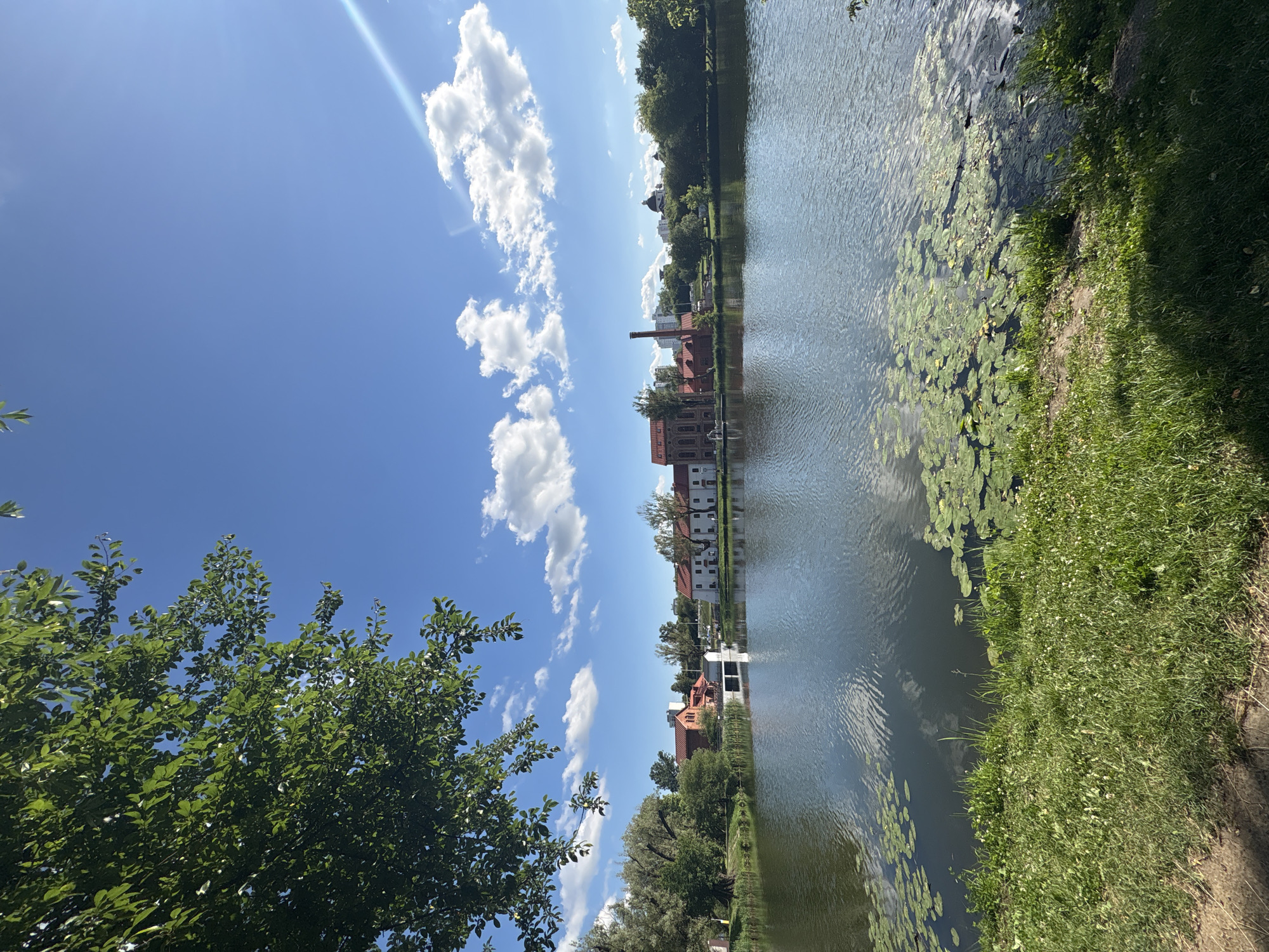 The image depicts a scenic view of the Svislach River in Minsk, Belarus, on a sunny day with a clear blue sky dotted with white clouds. The foreground features a grassy bank bordering the river, with patches of green grass and some small white flowers. Lily pads are visible floating on the surface of the water, adding a touch of natural beauty.
Across the river, a row of red-brick buildings with terracotta roofs lines the embankment. These appear to be historical industrial buildings, one of which has a tall, red-brick chimney. Beyond these buildings, a lush green treeline stretches across the horizon, with taller trees in the background. In the distance, glimpses of modern city architecture can be seen peeking through the trees, including a domed structure. The river's surface reflects the blue sky and scattered clouds, creating a tranquil and picturesque scene. The overall impression is one of a peaceful urban landscape where nature and historical architecture coexist harmoniously.