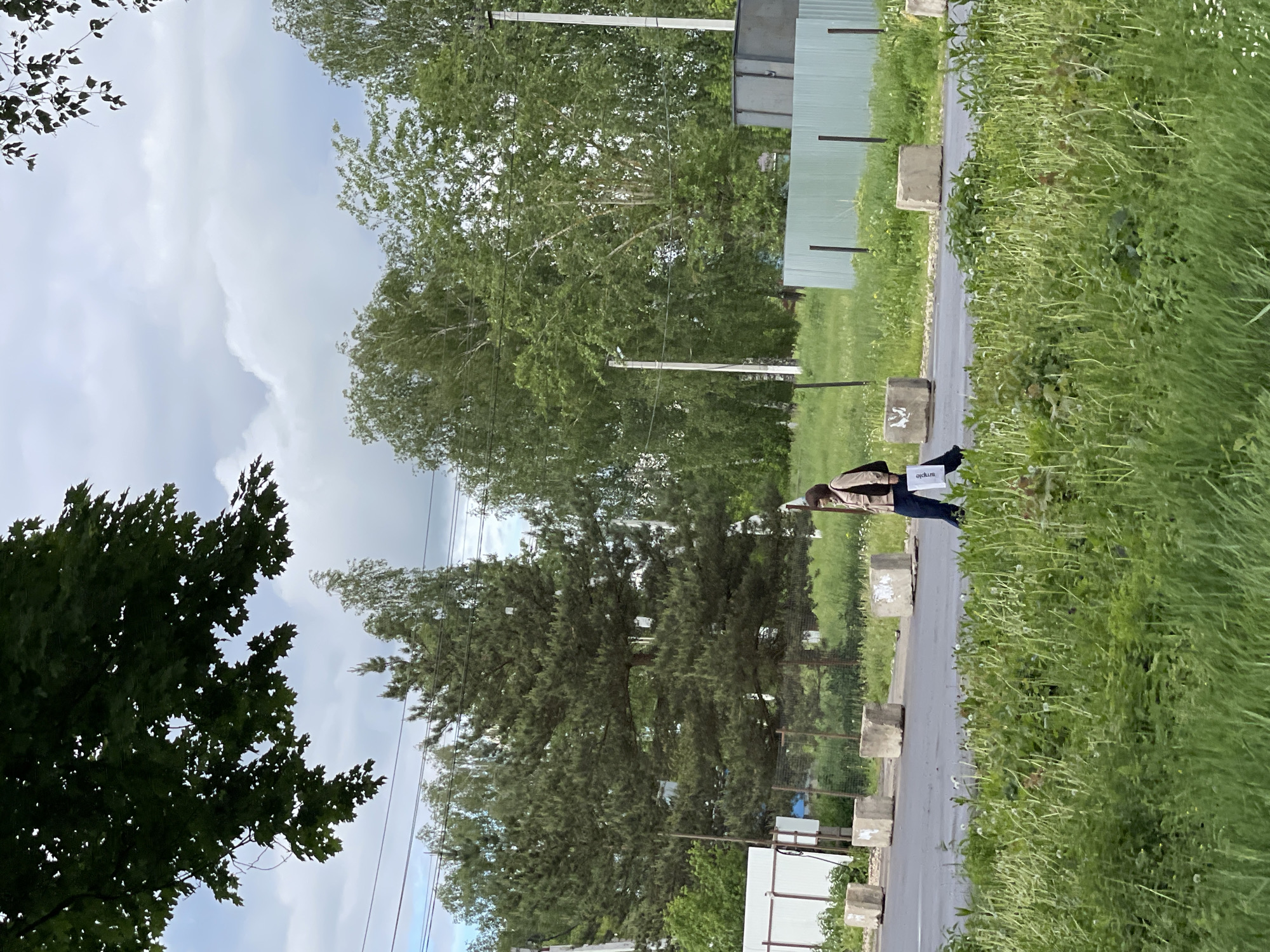 The image shows a view in Ivanovskoye, Russia. A person dressed in dark pants and a light colored jacket walks along a narrow asphalt road that is flanked by green vegetation. Concrete blocks line the road on one side, interspersed with metal fencing. A taller fence runs in the background along with utility poles and wires. Beyond the fences are various trees. The sky is cloudy.