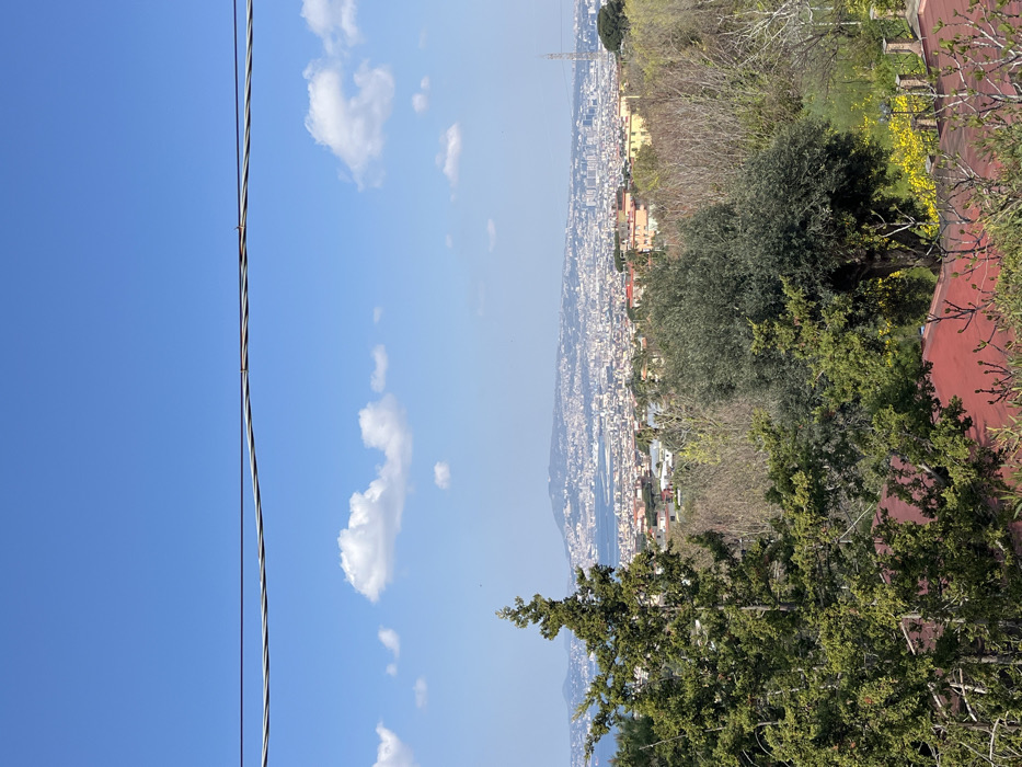This image depicts a panoramic view from Ercolano, Italy, overlooking a portion of the city and the Bay of Naples under a clear blue sky with scattered white cumulus clouds.
In the immediate foreground, two parallel, dark-colored overhead utility wires traverse horizontally across the upper portion of the frame; the lower wire is a twisted cable with a visible splice. Below the wires, a dense array of vegetation dominates the mid-ground. A prominent, tall coniferous tree with dark green foliage stands vertically on the left side of the frame. Other trees, including deciduous types, some with nascent spring foliage and others fully green, occupy the central and right portions. Patches of bright yellow flowering plants are visible among the vegetation on the right.
At the bottom center, the red-tiled roof of a building is partially visible beneath the foliage. Further back, beyond the immediate treeline, a sprawling urban landscape of Ercolano and surrounding areas extends across the mid-distance. Numerous buildings with varying architectural styles and colors are visible, indicating a densely populated area. A body of water, identifiable as the Bay of Naples, is discernible between the foreground topography and the distant urban sprawl. In the far background, a prominent mountain range, likely representing Mount Vesuvius and its environs, defines the horizon line under the clear sky. No individuals or specific actions are discernible within the frame.