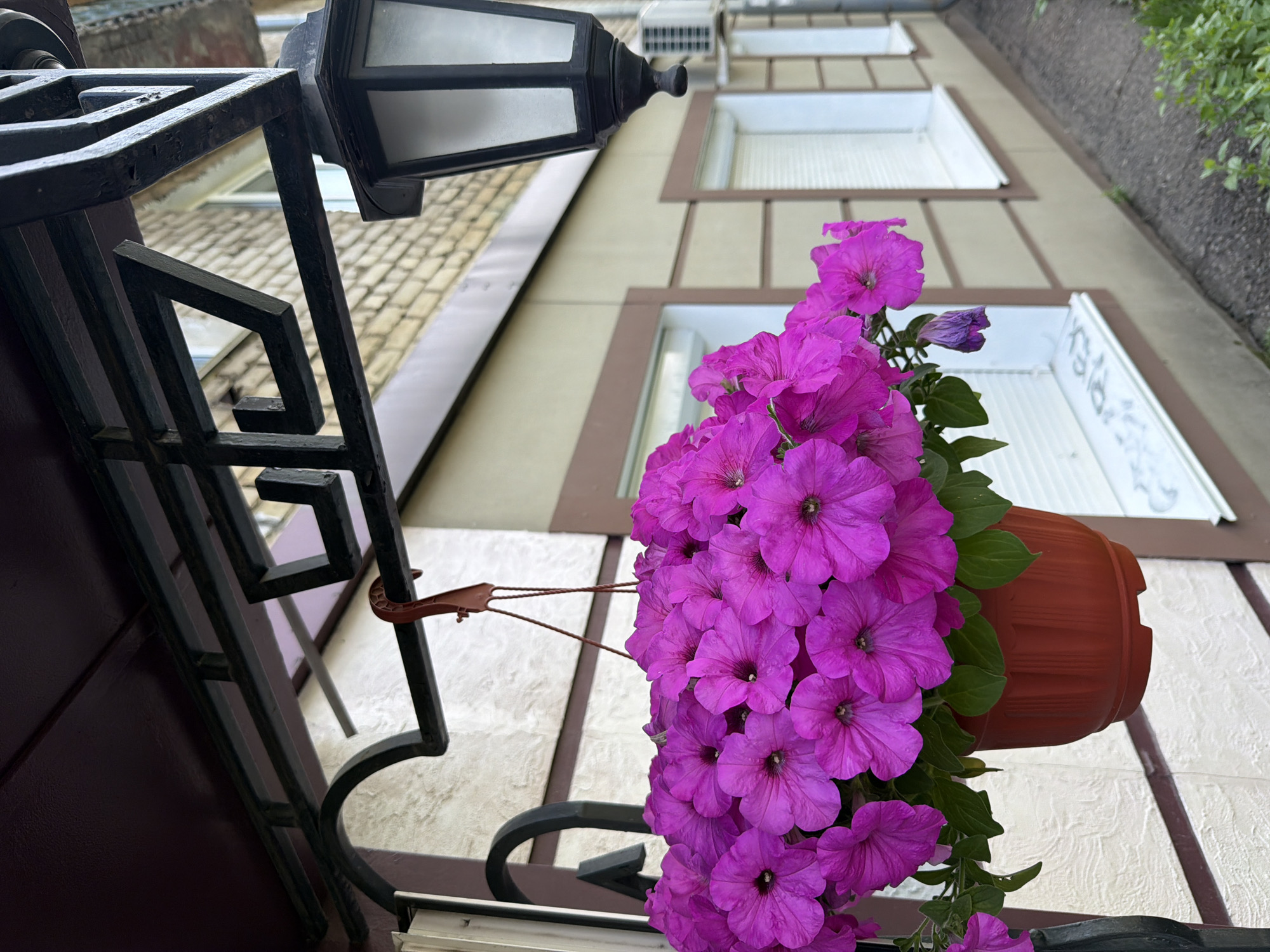 The image presents a view from a balcony, looking upwards towards a building in Izhevsk, Russia. A black, ornate wrought-iron balcony railing is visible on the left, with a black street lamp fixture mounted on it. A terracotta pot filled with vibrant purple petunias hangs from the railing. The building facade is a light tan color with brown trim around the windows, which have white frames and are partially open. The building's surface has a textured, patterned finish. An air conditioning unit is mounted high on the building's exterior. The sky is not visible.