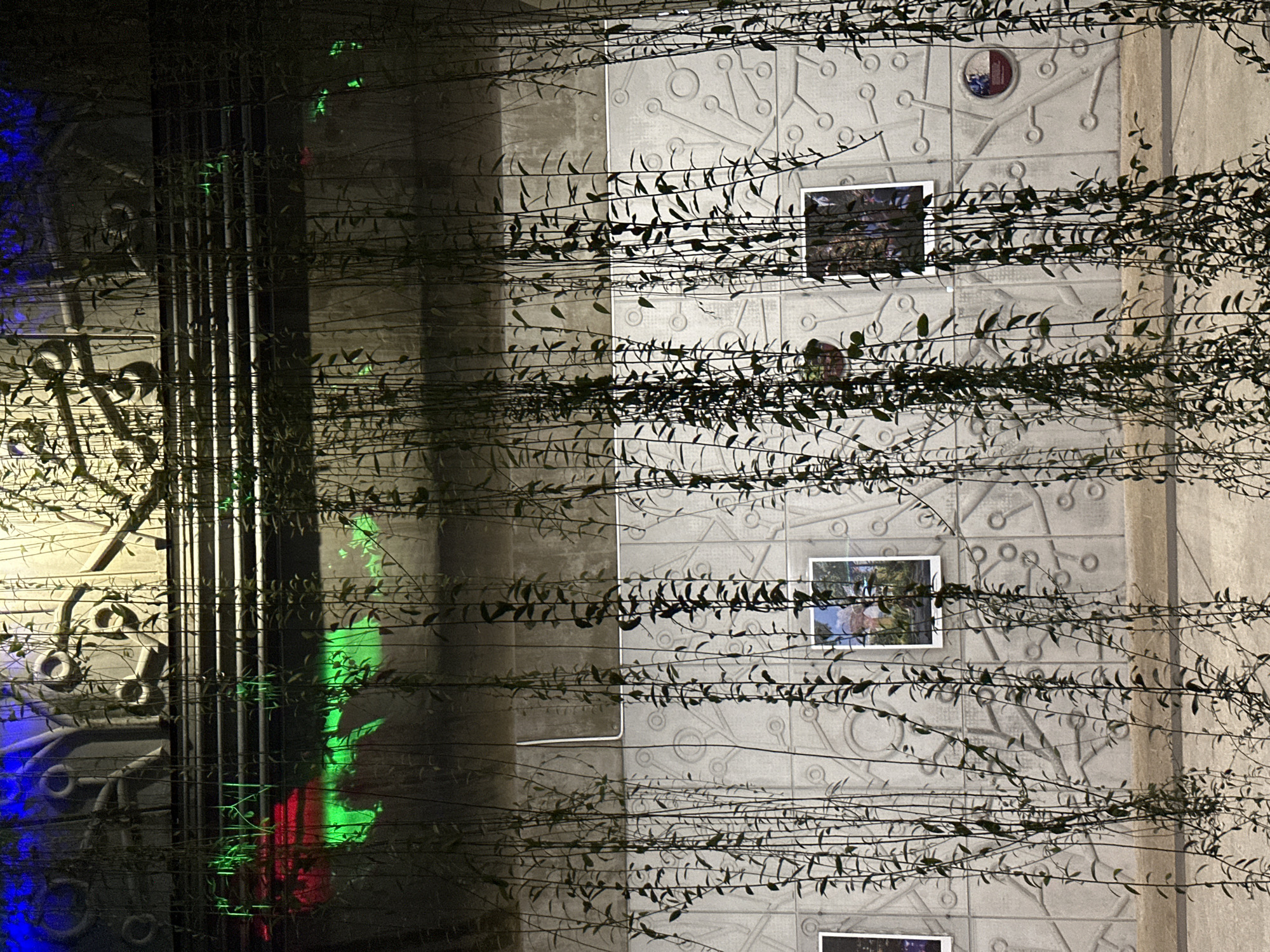 A nighttime view of a concrete wall with a raised, abstract circular and linear pattern, overlaid with hanging vines. Three framed pictures are mounted on the wall. The picture on the left is partially visible and contains a colorful scene. The middle picture depicts a colorful landscape, and the right picture shows a person and a landscape. A small circular badge with a red and blue emblem is visible on the lower right of the wall. Above the wall, illuminated by blue and green lights, are metal pipes and an industrial-style structure with circular elements. The scene appears to be outdoors, possibly in an urban setting, given the artificial lighting and architectural elements. The location is identified as Singapore.