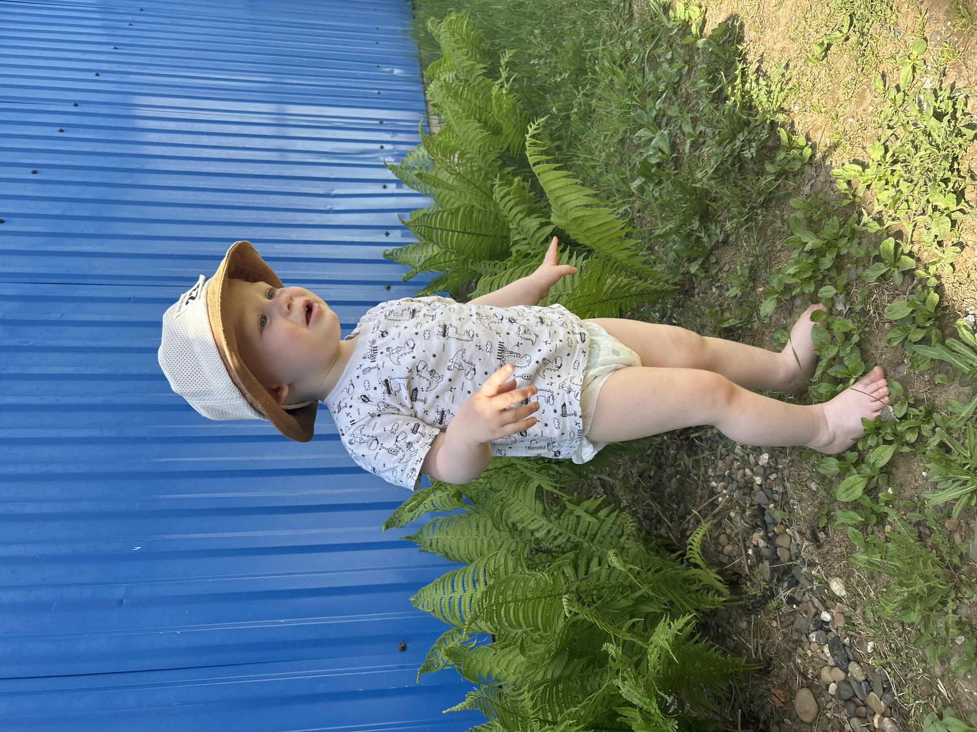 A young child wearing a white and brown hat, a white long-sleeved shirt with dinosaur patterns, and a diaper is lying on the ground near a blue metal wall in an outdoor setting. The child is looking upwards and extending their right arm. Ferns grow between the wall and the child. The ground is covered with pebbles and other plants. The location is Фоки, Russia.