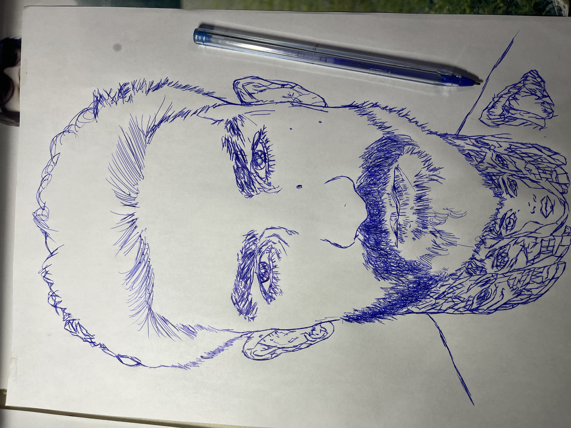 The image is a close-up, eye-level, full-frame, high-angle shot of a blue ink pen drawing on white paper. The drawing is a portrait of a man's head and upper neck. The man has short, textured hair, prominent eyebrows, and a full beard and mustache. His eyes are open and looking forward, with detailed irises. There are two small dots on his right cheek. The neck area of the drawing features intricate tattoo-like designs of multiple faces and abstract shapes. To the right of the drawing, a blue ballpoint pen is placed vertically along the edge of the paper. The background of the image shows a blurred glimpse of what appears to be a photograph of a person wearing sunglasses and a green, outdoor landscape. The drawing is not located in Jos, Nigeria.