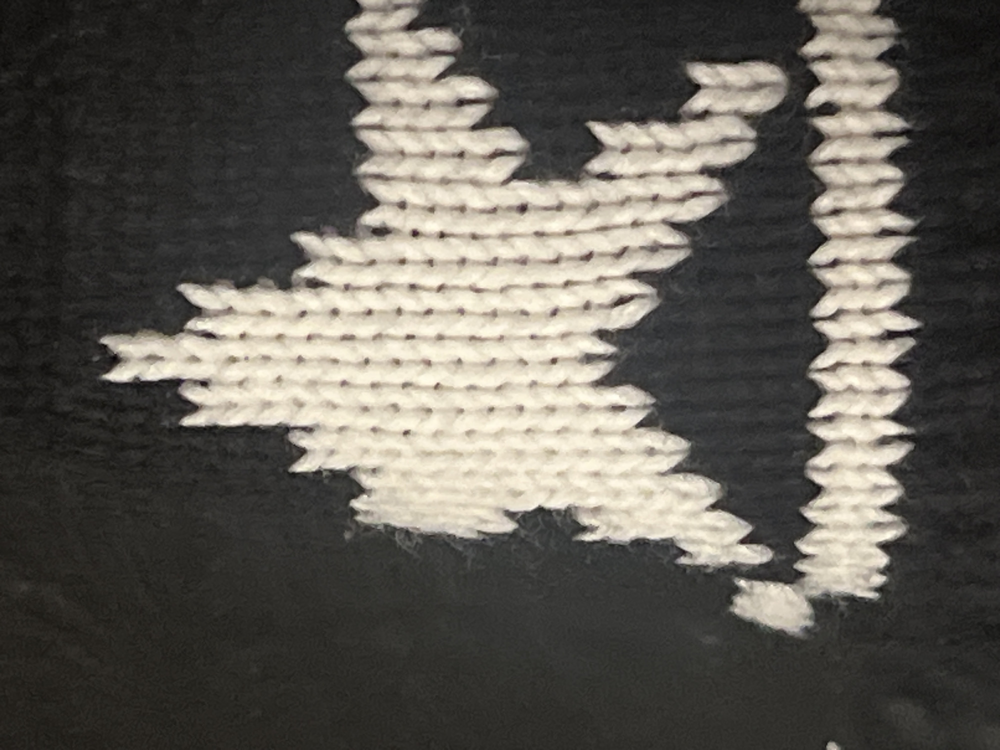 The image displays a close-up view of a knitted fabric with a white star pattern on a dark background. The knitting technique creates a textured surface with visible stitches. The star has pointed tips and is composed of a series of interconnected loops. Below the star, there is a horizontal band of knitted stitches that also appears to be part of the design. The image's focus is on the texture and pattern of the fabric, with no identifiable elements related to a specific location in Jauro Yinu, Nigeria. The scene is static and devoid of any action or people.