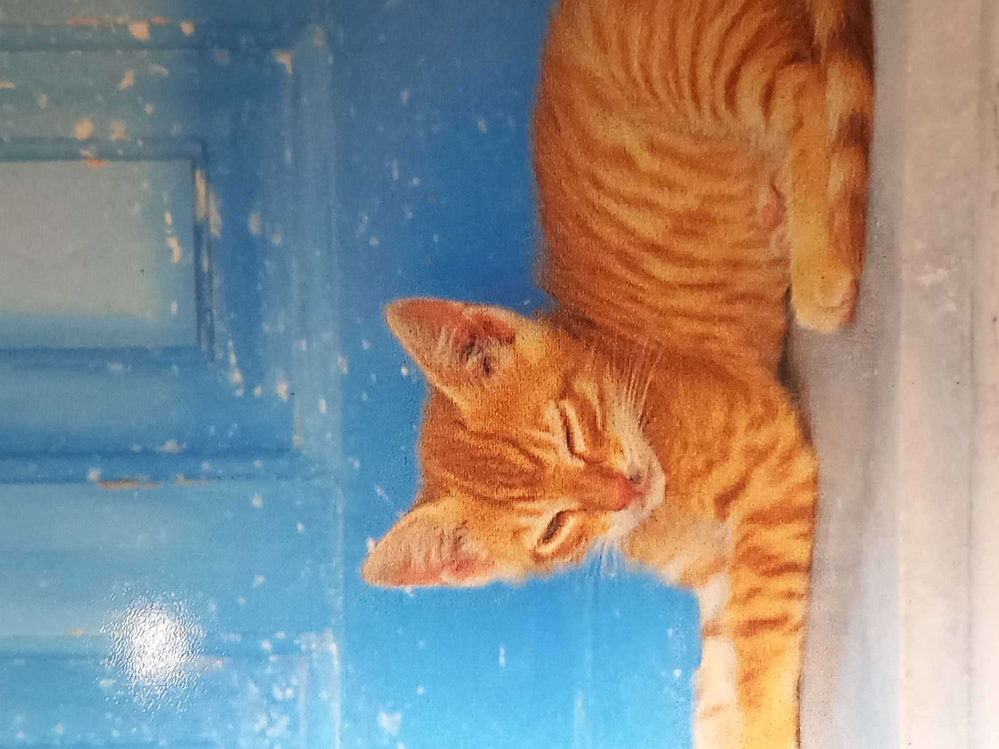 A ginger tabby kitten is lying down in front of a bright blue door. The kitten is facing the viewer with its eyes partially closed. Its fur has distinct dark orange stripes on a lighter orange background. The blue door behind the kitten has some wear and tear, with white speckles and patches of lighter blue. The kitten is resting on a light gray surface, possibly a step or ledge.