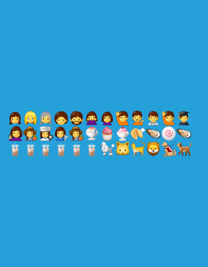 This media file displays a collection of emojis arranged in rows against a solid blue background. The subjects are primarily people and various objects.
In the top row, from left to right, there are eleven different emoji faces. The first emoji is a person with brown hair and a light brown hat, possibly representing a farmer. Next to them is a person with blonde hair, followed by a person with gray hair, and then a person with brown, curly hair. The fifth emoji is a person with a beard and brown hair. The next few emojis depict people with different hairstyles and some are wearing hats or have expressions of sadness or being surprised. The row concludes with a person waving, another person's face, a person in a doctor's outfit, and finally, a person wearing a graduation cap.
The second row, starting from the left, shows eight different emojis. The first is a person wearing a hat and holding a carrot, again suggesting a farmer. Then there are two people wearing white chef hats, followed by a person in a mechanic's uniform holding a wrench. The next two emojis are ice cream cones in cups, one pink and one purple. Following these is a cupcake and then a fortune cookie. The row ends with two oyster emojis and a pink swirl object, possibly representing a narutomaki or a swirl cake.
The third row, from left to right, features eight emojis. The first six are bubble tea drinks in clear cups with black bubbles and straws. Next to them is a white poodle emoji, followed by a yellow cat face emoji. The row continues with a lion emoji and a dog emoji walking on a leash.
There are no discernible activities or events taking place, as the emojis are static images. The setting is an abstract blue background, suggesting no specific location. Notable details include the diverse representations of people and the variety of food and animal-themed objects. No text is visible in the image. The emotions conveyed by the people emojis range from neutral to happy and sad.