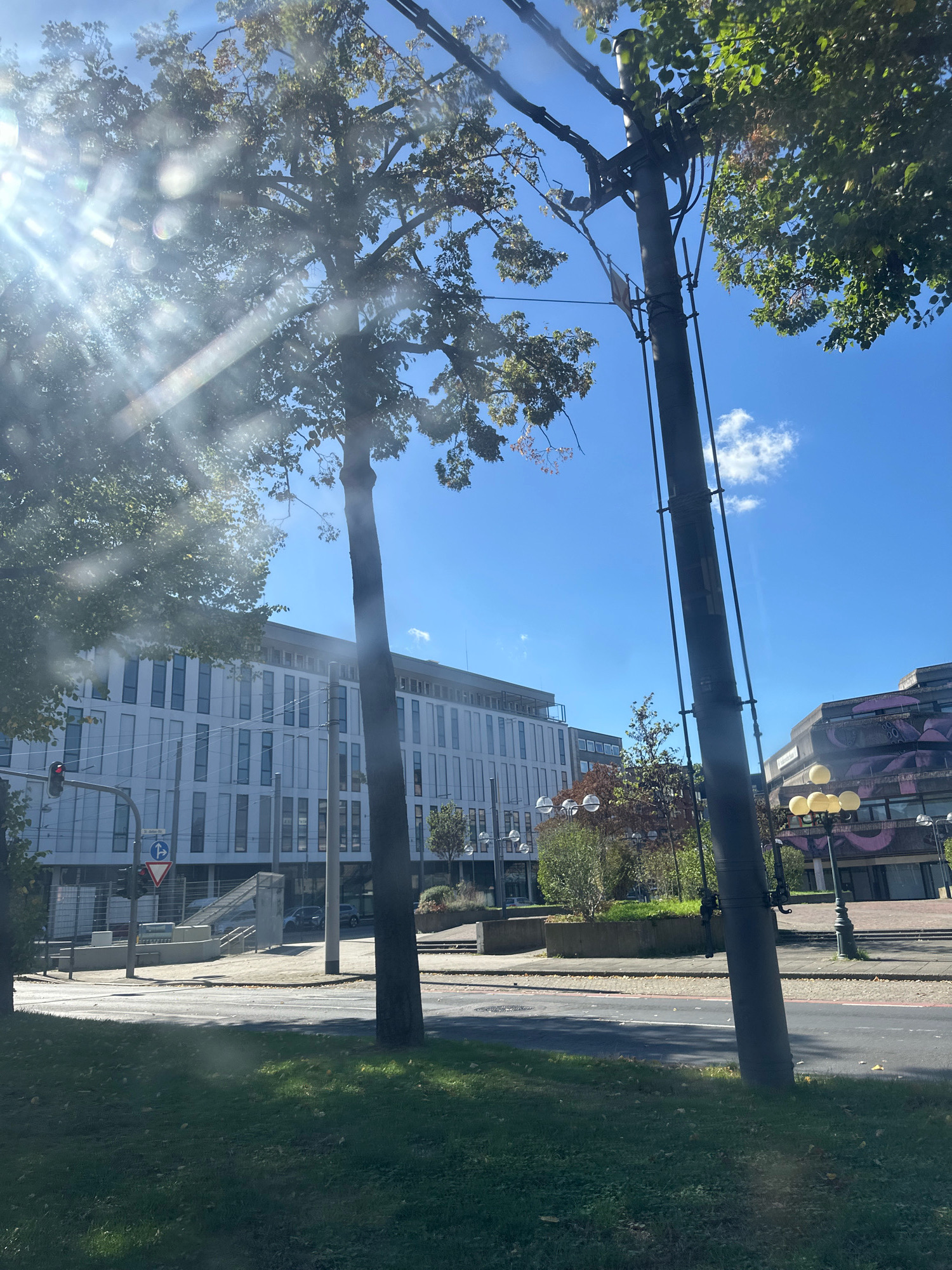 The image is a street view in Krefeld, Germany, featuring a modern white office building with a grid of windows on the left, and a darker, older building with purple decorative elements on the right. The foreground is dominated by green grass and a paved street, with a traffic light and street signs visible. Two large utility poles with wires are prominent in the middle ground. Sunlight streams in from the upper left, creating lens flare and highlighting the branches of trees and the blue sky with scattered clouds. No people are visible in the frame.