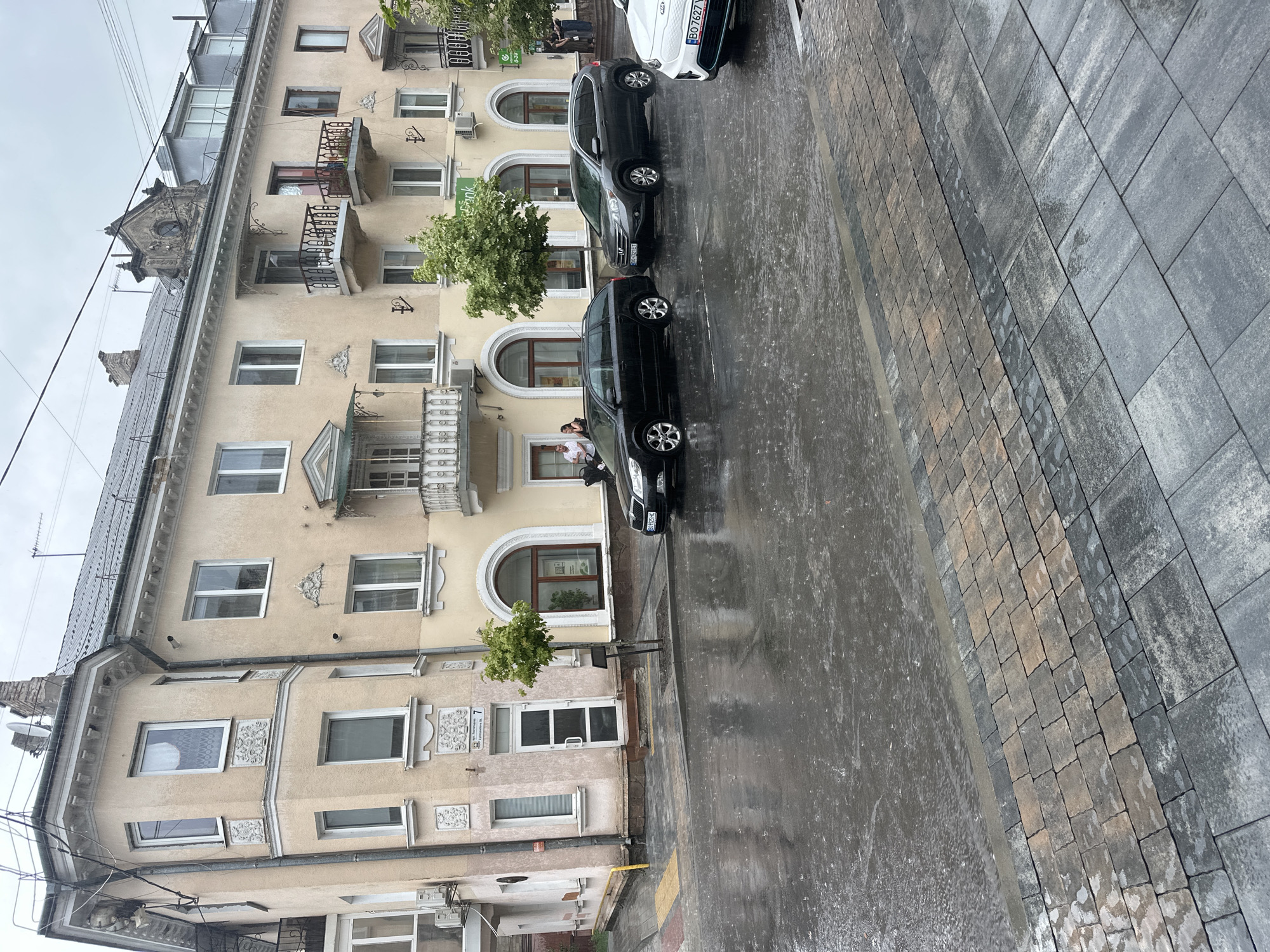 The image depicts a street scene in Ternopil, Ukraine, during a rain shower. A light yellow, multi-story building with arched windows and balconies lines the street. Several cars are parked along the wet asphalt road, including a black station wagon, a dark gray SUV, and a white electric car. Puddles and raindrops are visible on the road surface, indicating active rainfall. The sidewalk area is paved with interlocking bricks of various gray and brown shades. In front of the building, a small tree with green foliage stands in a planter. A few people are present, standing under umbrellas or near doorways. The overall atmosphere is one of a city street enduring inclement weather.