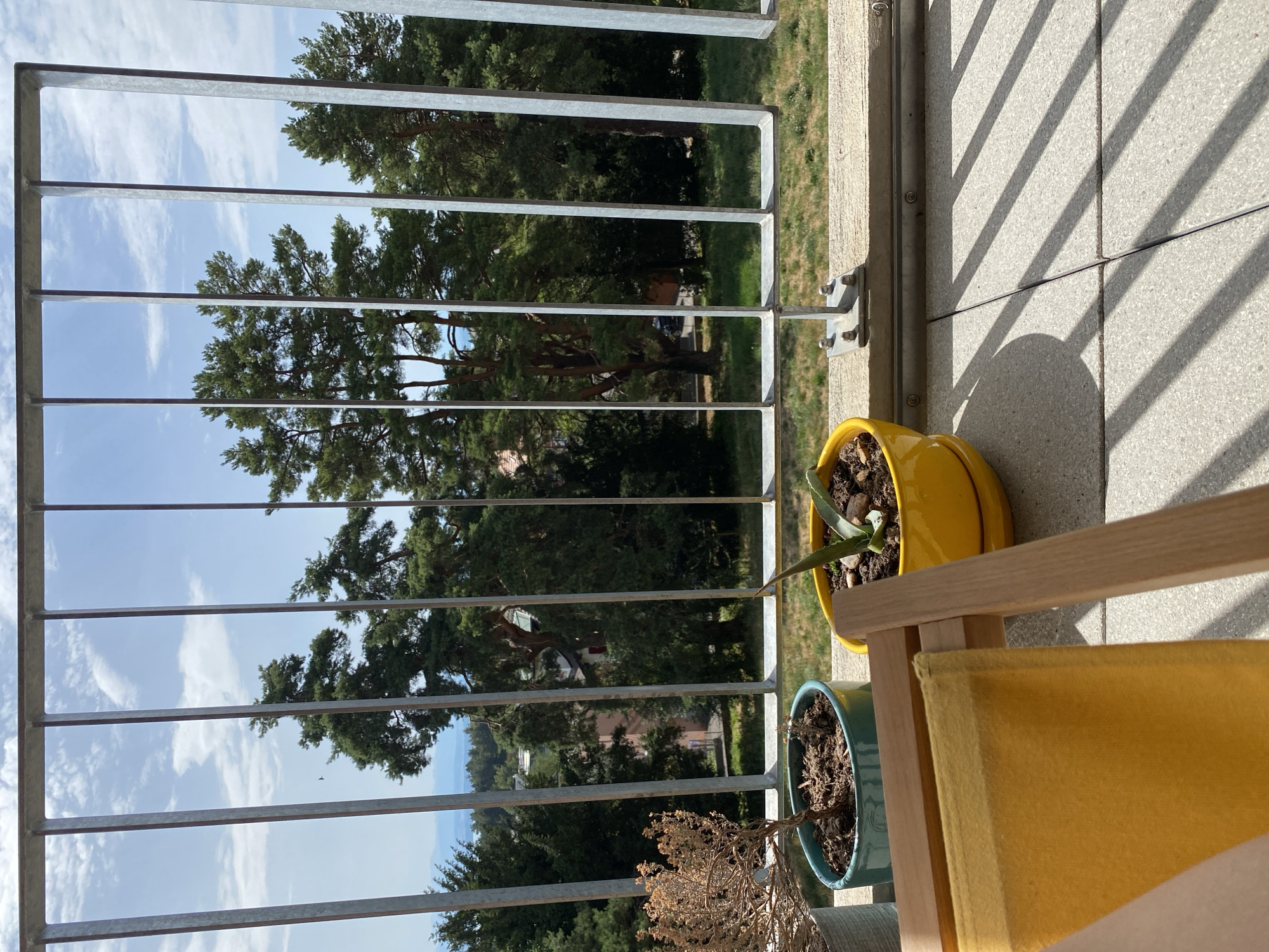 An outdoor scene viewed through a metal railing. In the foreground, a yellow fabric is draped over a wooden chair. To the right of the chair are two potted plants: one with a dried-out plant in a teal pot and another with a green succulent in a yellow pot. Behind the railing, a landscape of trees and buildings is visible under a cloudy sky. The ground is paved with light-colored tiles. The time of day appears to be daytime, with sunlight casting shadows. The scene is likely a balcony or patio overlooking a residential area with dense vegetation.