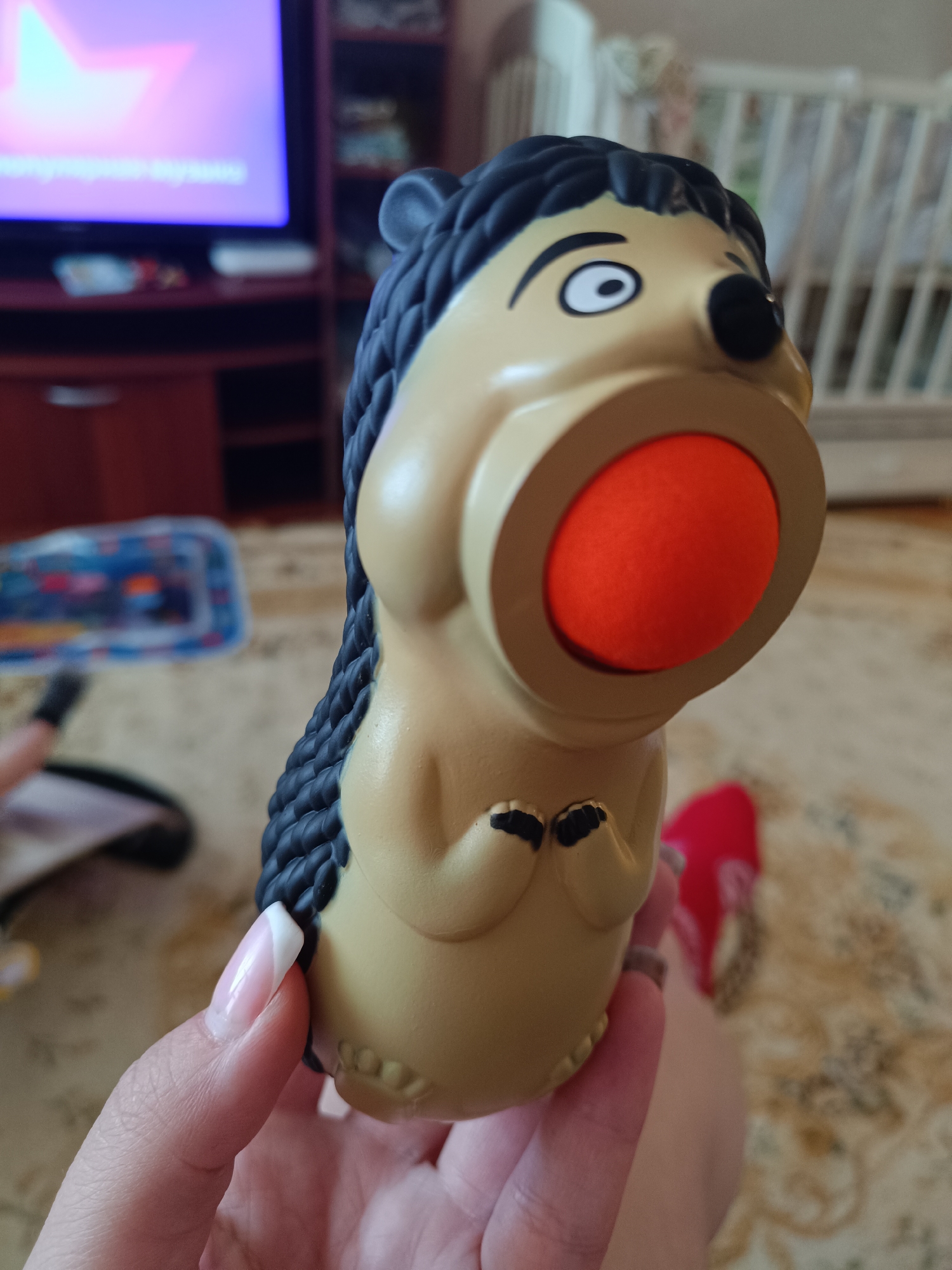 A person is holding a hedgehog-shaped toy. The toy is tan with black accents and has an orange ball in its mouth. A television, crib, and other objects are visible in the background. The location is inferred to be in Tobolsk, Russia.