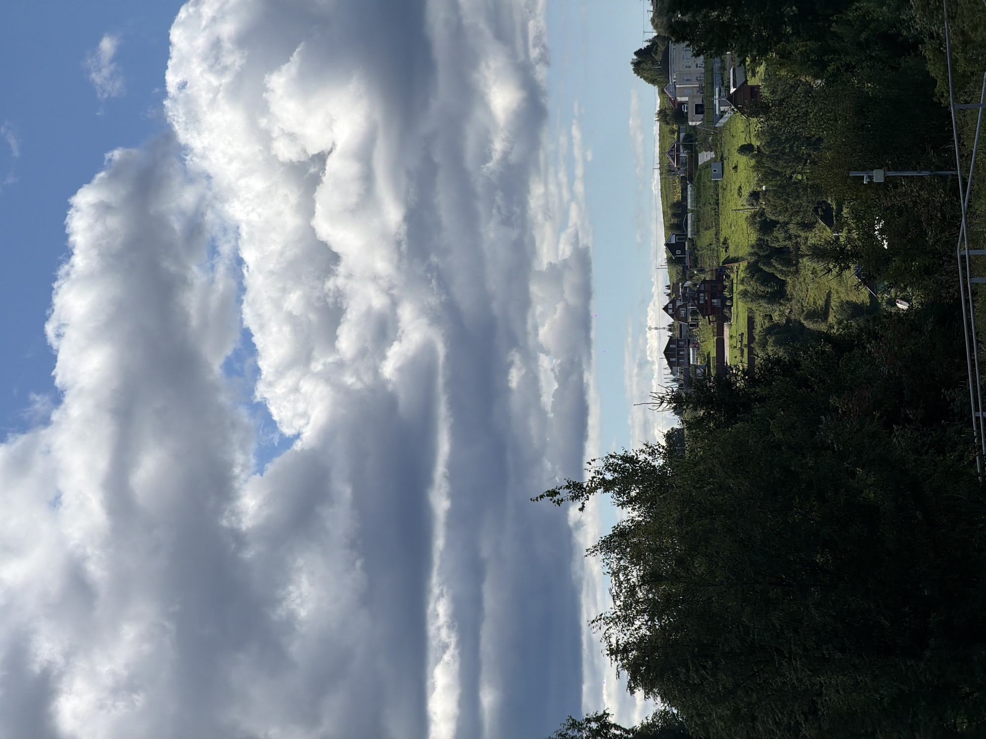 The image depicts a rural landscape with a village nestled on a gently rolling hill under a dramatic sky filled with a mix of dark and light clouds. In the foreground, dense green foliage, primarily trees, dominates the lower portion of the frame. Beyond the trees, the hill is covered with green grass and dotted with various houses, some with red roofs, and other structures, suggesting a residential area. A few taller trees are interspersed with the houses, and a light-colored building with a distinctive round section stands out on the higher part of the hill. The sky is a prominent feature, with large, textured clouds creating patterns of light and shadow across the scene. The overall impression is one of a picturesque, somewhat overcast day in a rural Russian setting.
