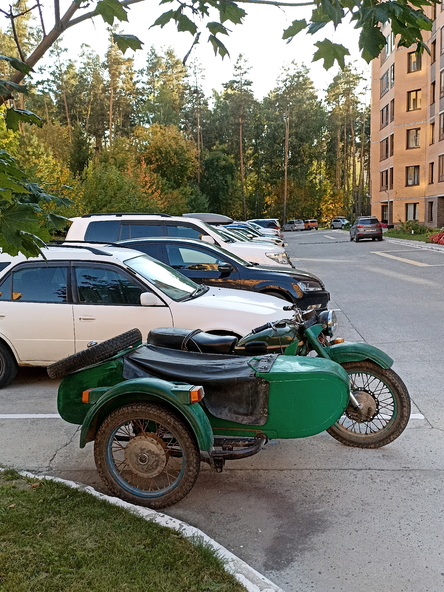 A green motorcycle with a sidecar is parked next to a white sedan on a paved lot. In the background, a line of cars is parked, with a tall residential building to the right. Trees and a forest are visible behind the cars. The sun is setting, casting long shadows. The image appears to have been taken in Novosibirsk, Russia, based on the presence of a Soviet-era Ural motorcycle with a sidecar, a common sight in Russia.
