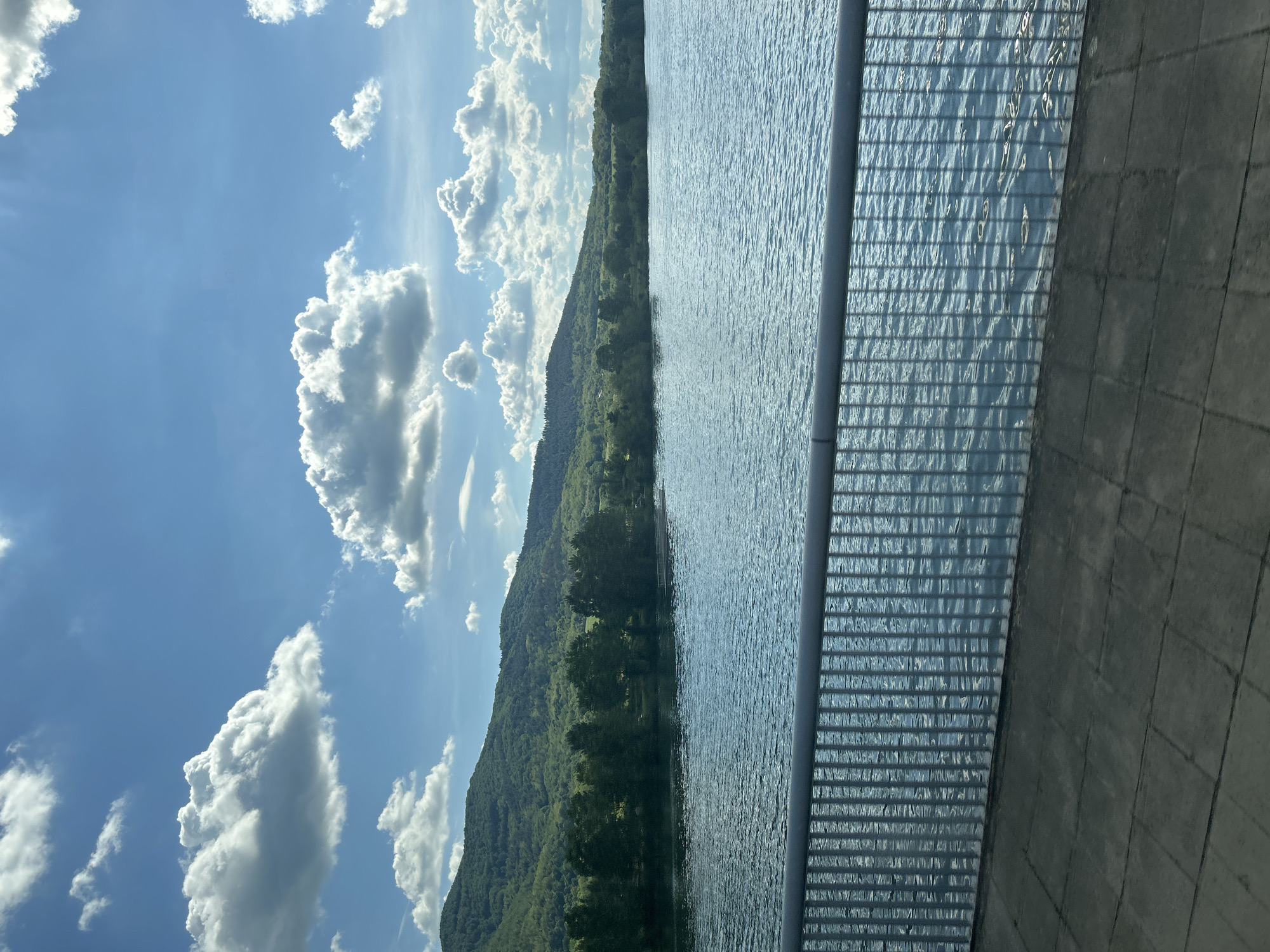 The image depicts a body of water, likely a river or lake, alongside a grassy, tree-covered hill. The sky is blue with scattered white clouds. A gray concrete structure, possibly a bridge or dam, runs along the right side of the image, featuring a metal railing. The overall location appears to be outdoors, in a natural setting, though the presence of the concrete structure suggests some degree of human modification. The image does not reveal the specific city or location.