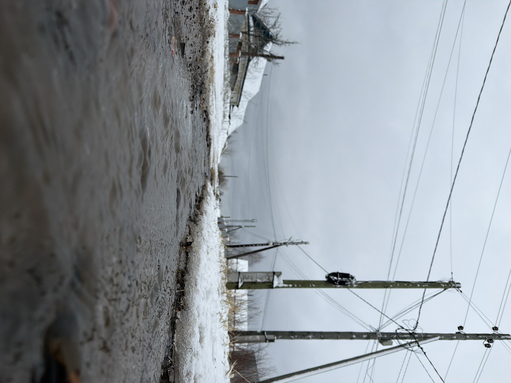 The image shows a street scene in what appears to be a residential area. The foreground consists of a wet road surface with accumulated slush. To the right of the road, snow covers the ground and adjacent surfaces. Power lines stretch across the sky, supported by wooden poles. A building with snow on its roof is visible in the background. The sky is overcast and grey. It is daytime. The location is Chaikovsky, Russia.