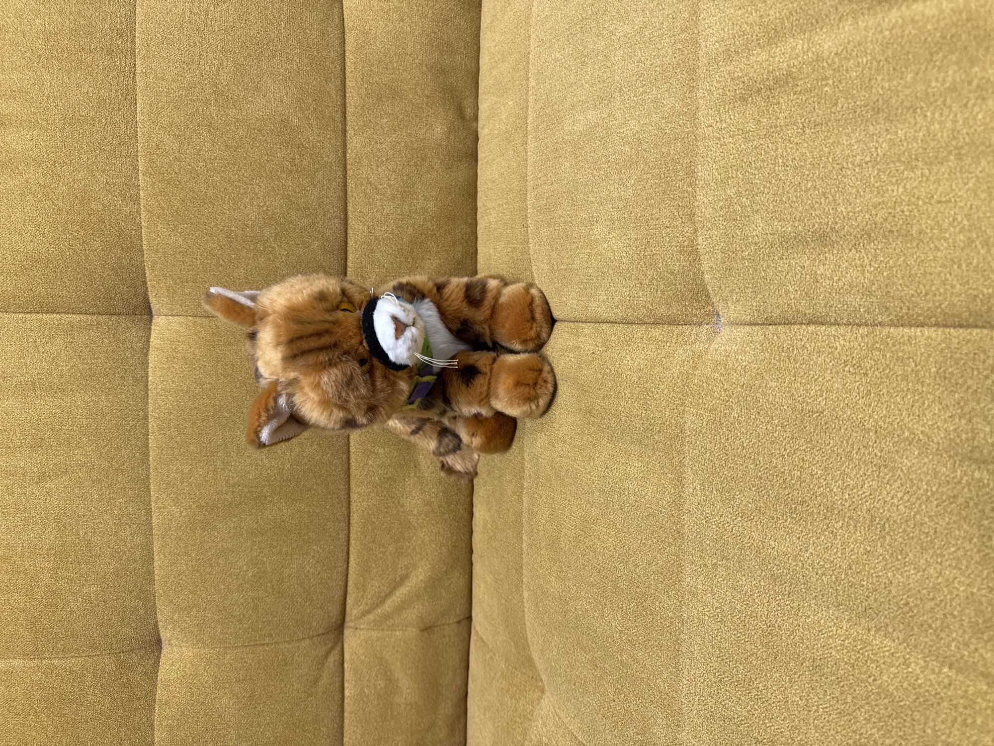 A stuffed tiger toy lies on a mustard yellow, tufted sofa. The toy has brown and tan fur, a white muzzle, whiskers, and wears a black and white collar. The sofa has a distinct tufted pattern. The location is not determinable from the image.
