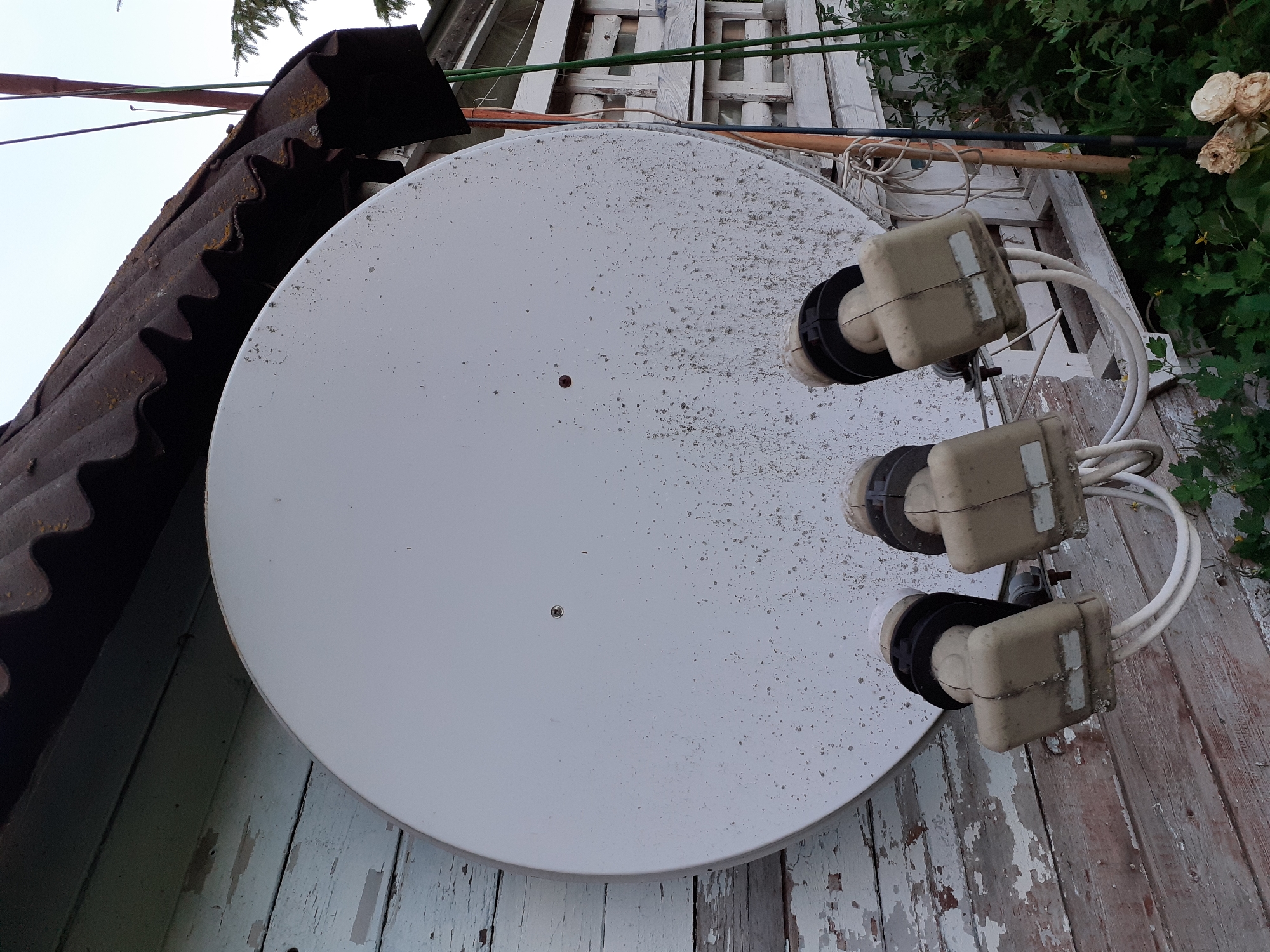 A satellite dish with three LNBs is mounted on a weathered wooden wall of a building, possibly a shed or outbuilding, in Deremezna, Ukraine. The dish is white and appears to be covered in light dust or dirt. The LNBs are beige and have black collars. White coaxial cables connect to the LNBs and trail downwards. The building's wall is made of horizontal wooden planks, painted a light blue or green, with peeling paint revealing older layers and the wood itself. A rusty corrugated metal roof is visible above the dish. The background shows more of the building with white wooden structures, green vegetation, and a pale sky, suggesting it is daytime. There are no people or animals visible in the image.