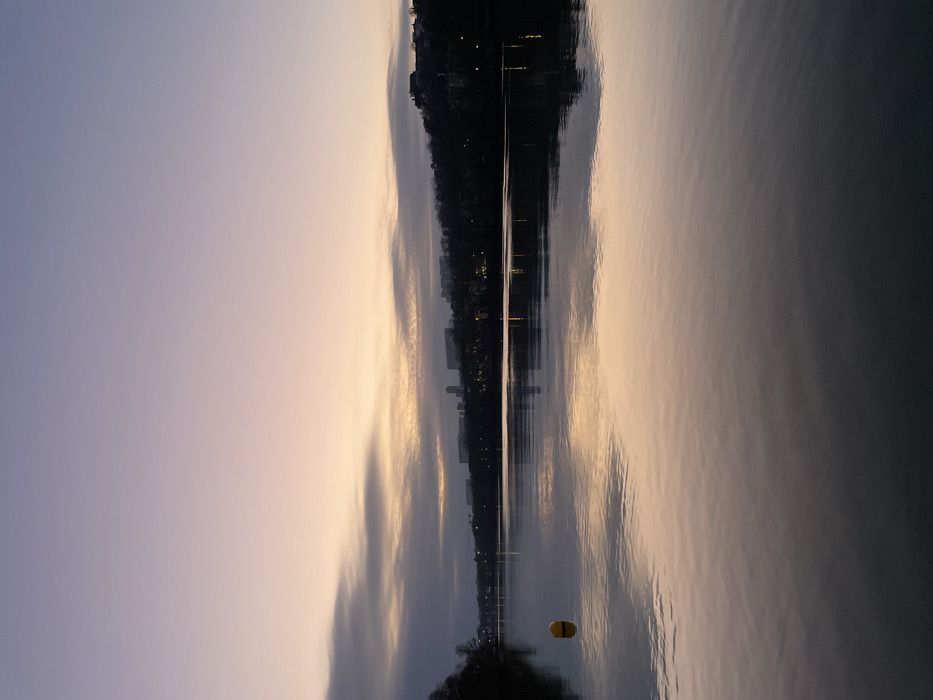 The image displays a serene twilight or dawn scene over a calm body of water, likely a river or lake, near Caluire-et-Cuire, France. The scene is bisected horizontally by a distant shoreline, with the sky above and reflections on the water below.
The sky, occupying the upper portion, transitions from a soft, pale purple on the left to a warmer, gentle yellow-orange hue on the right, indicating the soft light of sunrise or sunset. Wispy clouds are present, mirroring these subtle colors.
Along the distant horizon, a silhouette of a landmass is visible, densely covered with dark trees and structures. Numerous small, artificial lights dot this shoreline, glowing brightly against the receding daylight or approaching night.
The surface of the water is remarkably still, acting as a near-perfect mirror. It clearly reflects the nuanced colors of the sky and the twinkling artificial lights from the distant buildings. Subtle ripples on the water's surface add texture to these reflections.
In the lower right section of the water, a distinct yellow buoy with a black horizontal band is present. Its reflection is also faintly visible beneath it. The overall atmosphere is tranquil and peaceful, showcasing the beauty of the natural environment at the transition point of day. No visible text is present in the image.