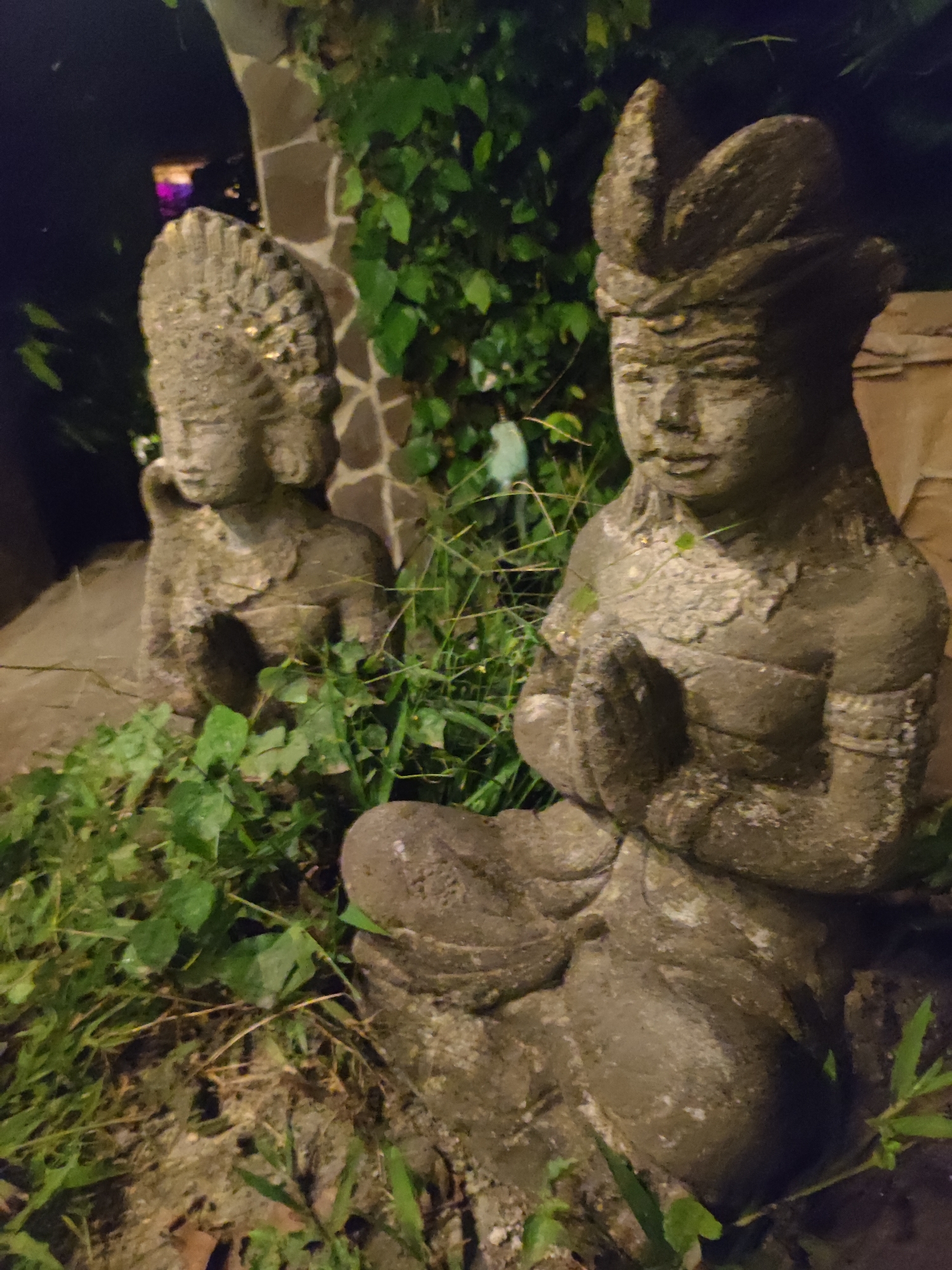 Two stone statues are the central focus of this outdoor scene. The statue in the foreground is seated with hands pressed together in a prayer-like gesture, wearing a decorative headpiece. The second statue, positioned further back, has a more ornate head adornment. Both statues appear to be weathered and are surrounded by green foliage, including grass and vines. Behind the statues, a stone wall can be seen. The setting is in Lokaserena, Indonesia, evidenced by the cultural style of the statues and the location. The scene is dimly lit, giving it a subdued, somewhat mystical atmosphere.