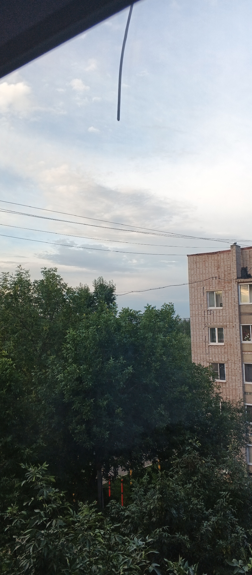 The image depicts a view of a residential building and surrounding trees under a cloudy sky. The building, constructed from light-colored brick, has multiple windows, some of which are visible. A few utility wires are strung across the sky. The foreground is dominated by lush green trees, obscuring the lower parts of the building and the ground. The lighting suggests it might be daytime, possibly late afternoon or early evening. The scene appears to be an urban or suburban environment.