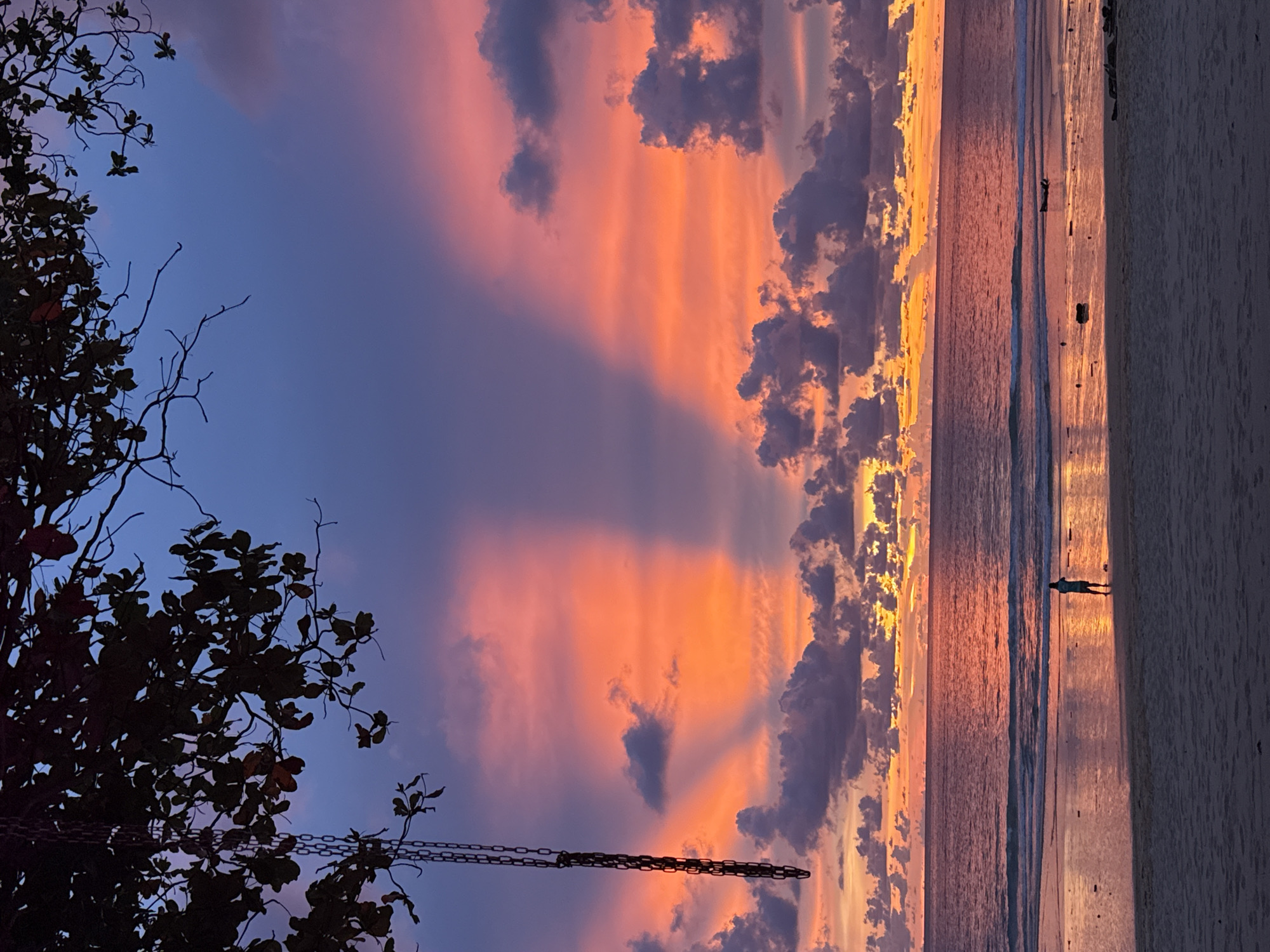 This is a photograph of a beach at sunset in an unknown city. The sky is filled with vibrant colors, transitioning from deep blue at the top to fiery orange and pink near the horizon, with streaks of light radiating upwards. Dark, silhouetted branches and leaves from a tree hang over the top left of the frame, with a section of a rusty chain, likely from a swing, suspended from them. A single, small figure, appearing to be a person, stands on the wet sand near the water's edge, facing the ocean. The ocean is calm, with gentle waves lapping at the shore, and the setting sun casts a warm, reflective glow on the water and the beach. The sand in the foreground is dark and appears damp. The overall scene evokes a peaceful and serene atmosphere.