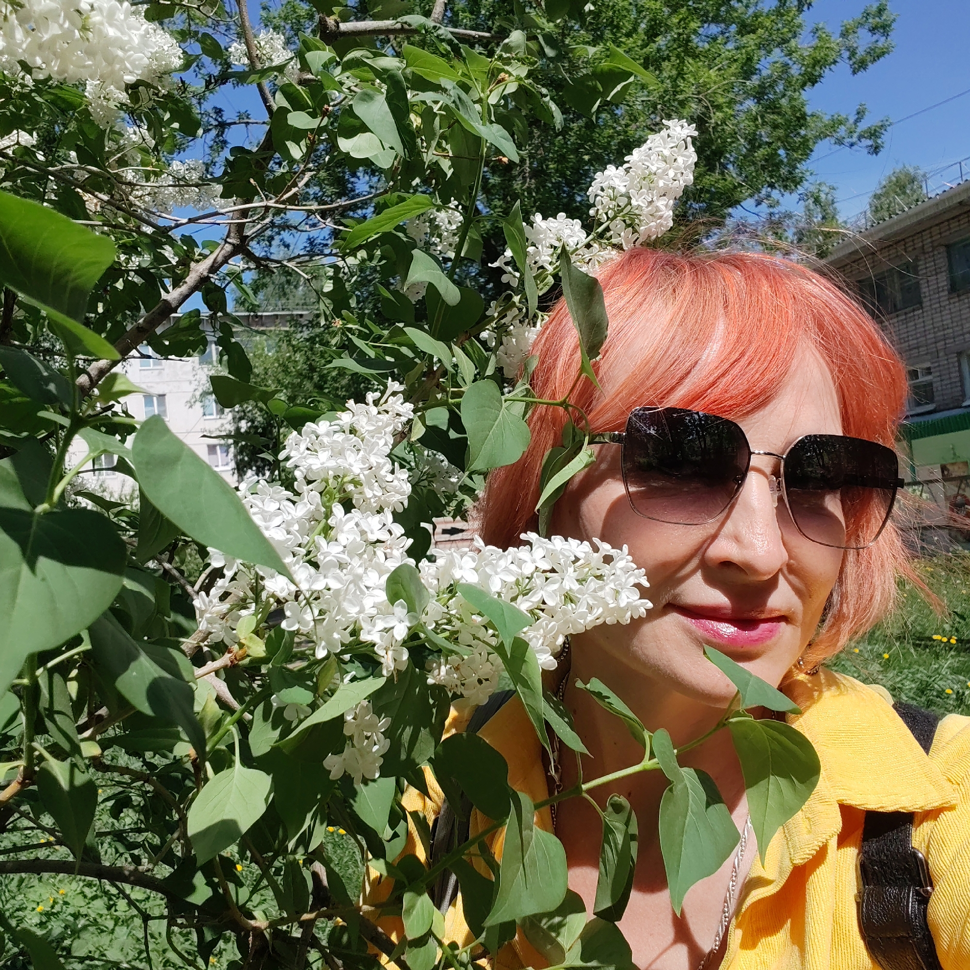 A woman with coral-colored hair and dark sunglasses stands amongst a blooming white lilac bush in Chaikovsky, Russia. She wears a yellow shirt and has a black backpack strap visible. The lilac bush is in full bloom with numerous white flowers and green leaves, partially obscuring a light-colored, multi-story building in the background. The scene is well-lit, suggesting a sunny day. Another building can be seen in the distance on the right side of the image.