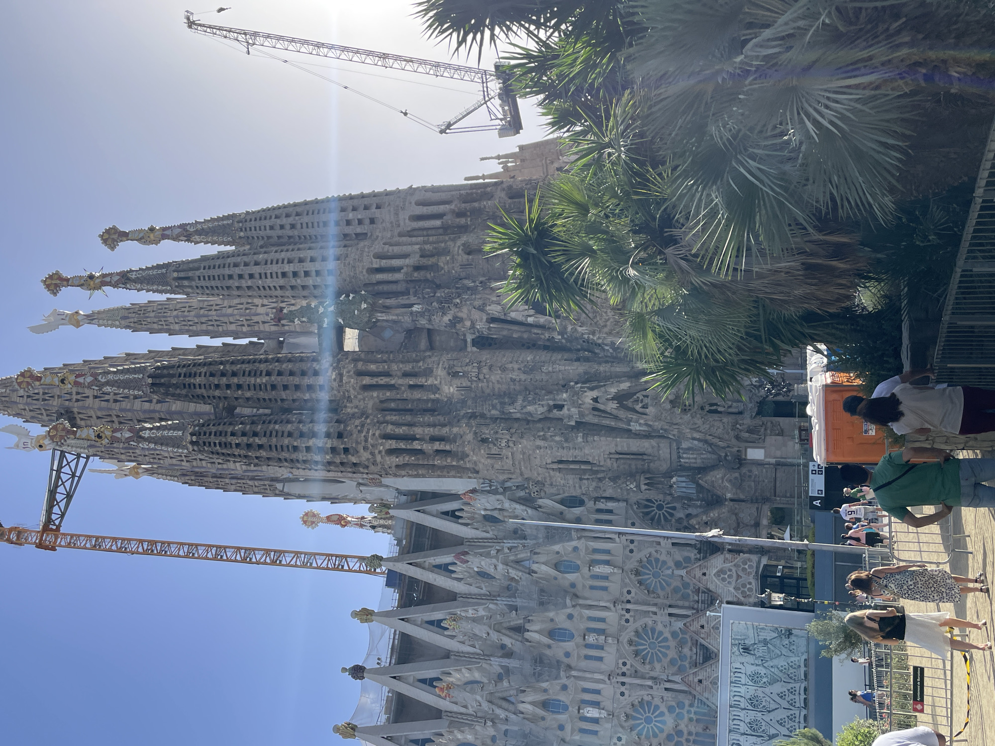 The image shows the Sagrada Familia basilica in Barcelona, Spain. The basilica is under construction, with cranes visible in the background. In the foreground, palm trees obscure some of the view of the basilica. Several people are walking around the grounds of the basilica, some appearing to be tourists. The sky is clear and blue, indicating a sunny day.