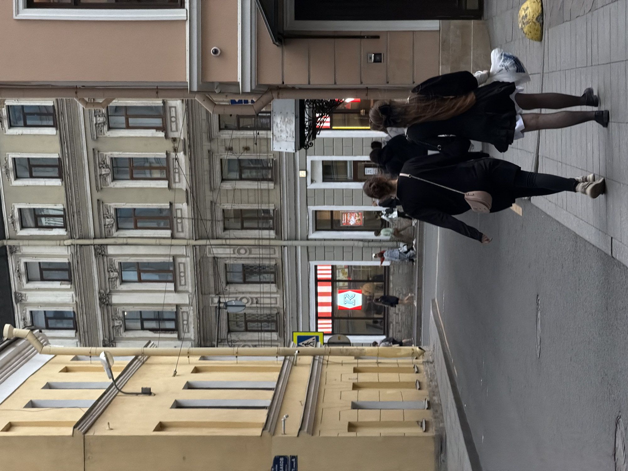The image depicts a street scene in Saint Petersburg, Russia, likely during daylight. In the foreground, two young women are walking away from the camera. The woman on the left wears a black dress and leggings, carrying a small pink crossbody bag. The woman on the right wears a black dress with a ruffled hem over a white underskirt and is carrying a plastic bag. They are walking on a sidewalk next to a street.
Behind them, the street is bordered by buildings. The building immediately to the left is a light yellow structure with multiple windows and architectural details. Further back, a taller building with a grey facade and numerous windows of varying sizes dominates the background. This building exhibits ornate classical architectural elements, including decorative moldings and cornices. On the right side of the image, a portion of a peach-colored building is visible.
In the middle ground, a storefront with a red and white striped awning and a window displaying illuminated signs is visible. People are seen walking on the sidewalk and street in front of the storefront. A pedestrian crossing sign is present near the storefront. The overall environment appears urban, with paved streets and sidewalks.