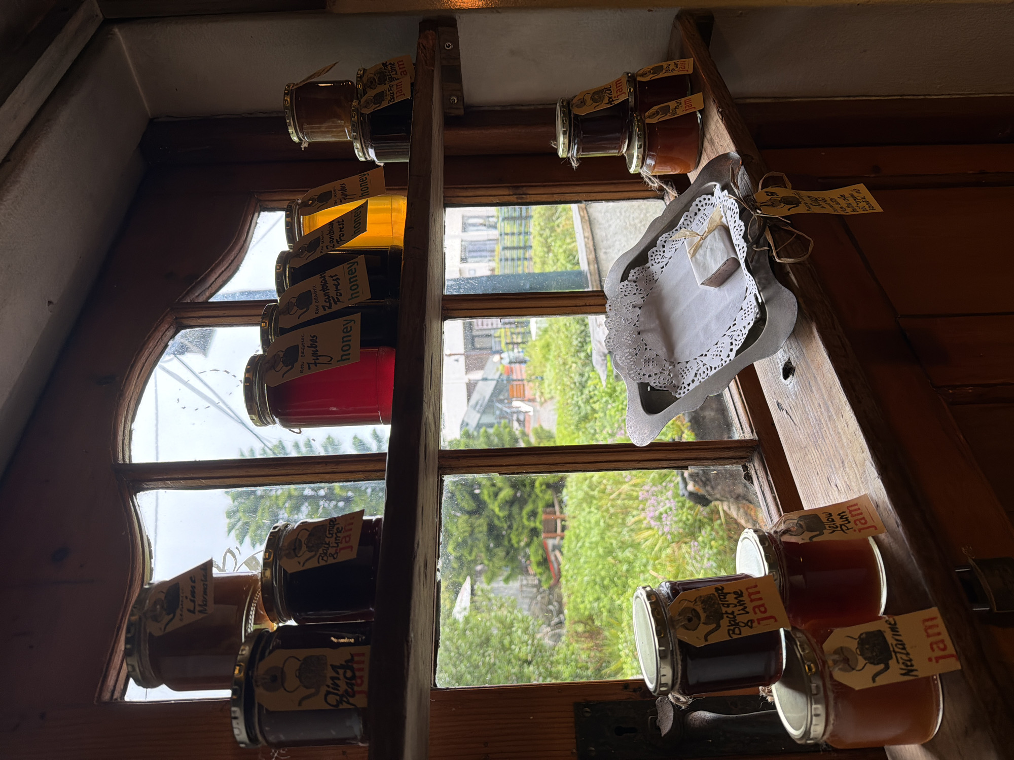 The image shows a window shelf lined with jars of honey and jam. The view through the window is of a lush green garden. The jars are labeled with flavors such as "Lime Marmalade," "Ging Peach," "Black Grape & Lime Jam," "Nectarine Jam," "Yellow Plum Jam," "Fynbos honey," and "Zambian Forest honey". A doily-lined tray rests on the shelf. The location is suggested to be Hout Bay, South Africa, based on some honey labeles. The scene is in natural light.