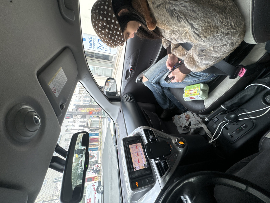 The scene is viewed from the driver's seat of a stationary vehicle on an urban street in Vincennes, France, under overcast daylight conditions.
Inside the vehicle, a female passenger occupies the front seat, facing slightly forward and downward. She wears a brown beret with white polka dots, a fawn-colored faux fur coat with a darker collar, and light blue ripped jeans. Her seatbelt is fastened. She is actively using a black smartphone, held with both hands. A light green plastic egg carton is positioned on the seat between her legs. On the passenger floor, a crumpled, light-colored cloth with dark stains is visible. The vehicle's dashboard features a central navigation screen displaying a map with a red route line, and a black smartphone mount is clipped to an air vent below it. The center console displays an automatic transmission shifter, a handbrake, and a white charging cable. The overhead console contains a circular light or sensor.
Outside the vehicle, the street is an asphalt surface with visible white pedestrian crosswalk markings. Traffic appears stopped at a red light. Multi-story buildings with shopfronts line the street. To the right, a prominent white sign with "LIBRE SERVICE" and "7j/7" in blue text indicates a convenience store. In the distance to the left, a white commercial van marked "PRO LOGISTICS" is visible, along with a person on a bicycle. The rearview mirror reflects additional street and building details from behind the vehicle.