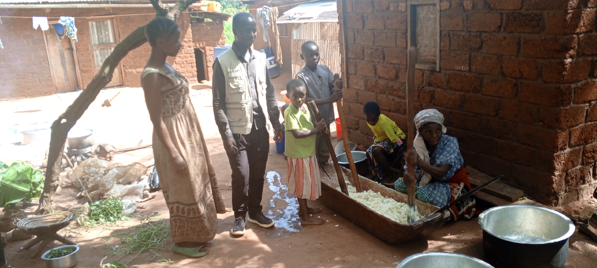 This outdoor daylight image depicts a group of people engaged in communal food preparation within a rural homestead, likely in Makungu, Democratic Republic of the Congo. The scene unfolds on unpaved ground surrounded by simple brick and mud structures with corrugated iron roofs.
In the foreground, to the right, an older woman wearing a headscarf and a blue patterned dress is seated, vigorously pounding a light-colored substance, likely cassava, in a large, canoe-shaped wooden mortar with a long wooden pestle. Two children, a young boy in a striped shirt and another child in a light green t-shirt, stand beside her, each holding a wooden pestle, seemingly participating in the pounding process. Several silver pots are on the ground near them.
To the left, a man in a light-colored vest over a dark shirt and trousers stands alongside a young woman in a long, patterned dress. The man's vest has some faint, illegible text on it. They appear to be observing the activity or interacting.
In the background, an outdoor cooking area is visible, featuring a large pot resting on rocks over a fire. A tree branch extends across the frame, casting shadows. Green leafy vegetables are scattered on the ground near the cooking area, alongside some plastic sheeting. Clothes are hanging to dry on a line attached to one of the houses. The architecture and activities suggest a traditional, self-sufficient rural setting. The bright sunlight indicates it is daytime. No other significant text is clearly legible.