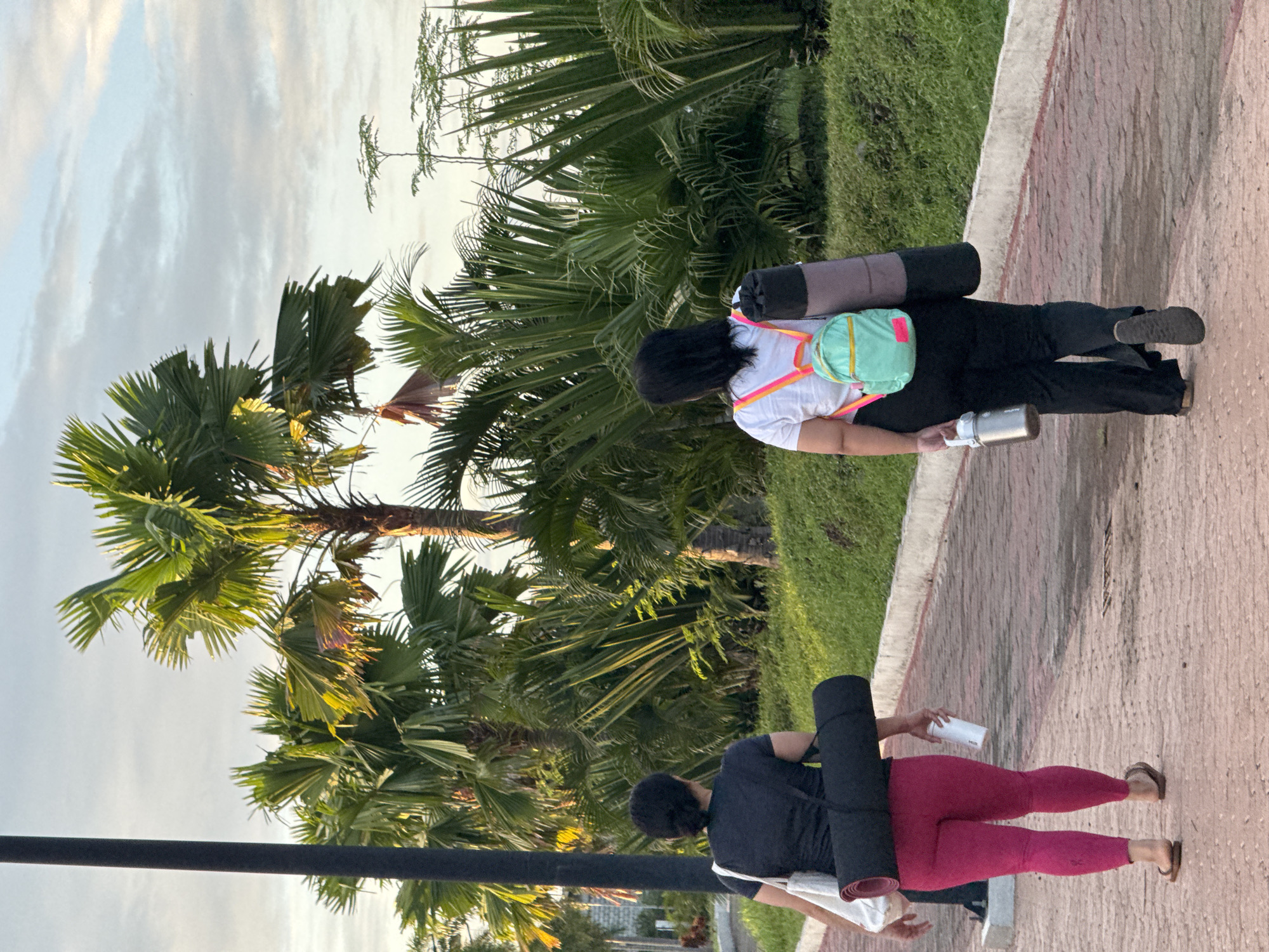 Two women walk on a brick path in Davao City, Philippines. The woman on the left wears a black top, pink leggings, and brown sandals, carrying a black yoga mat and a white bag. The woman on the right wears a white top, black pants, and grey shoes, carrying a grey yoga mat, a small green backpack, and a silver water bottle. Palm trees and green grass grow nearby. The sky is cloudy.