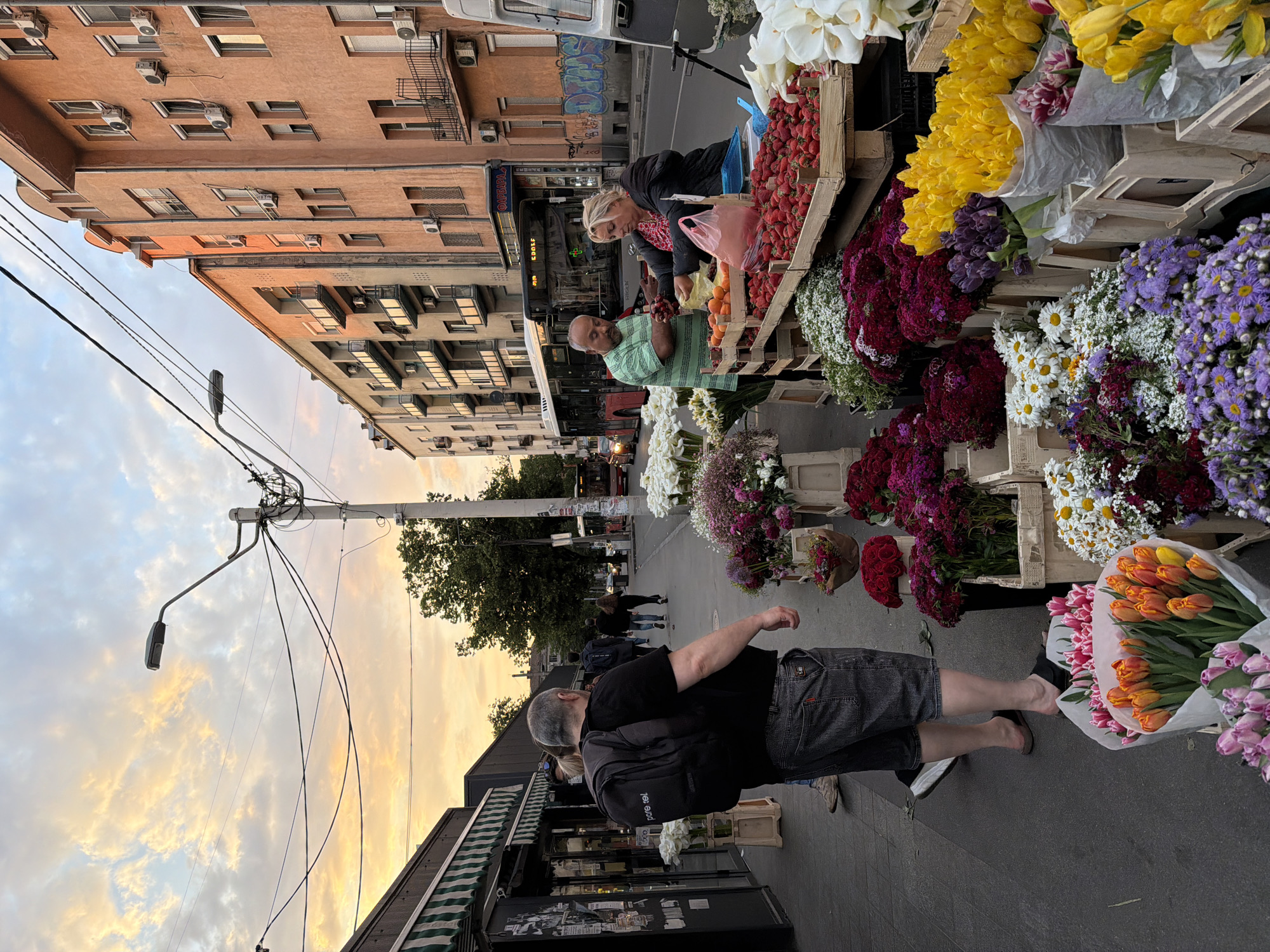 The image depicts a street scene in Vracar Urban Municipality, Serbia, at what appears to be an outdoor market stall, likely in the late afternoon.
People: There are at least four people visible:
- A man in the foreground with short grey hair, wearing a black t-shirt, denim shorts, and a backpack. He is walking along the sidewalk near the stall.
- A man in a green striped shirt stands behind the market stall, seemingly attending to it.
- A woman is standing near the front of the stall, possibly a customer, examining fruit or vegetables. She has blond hair and is wearing a dark jacket.
- Other people are walking further down the street.
Subjects/Objects:
- A market stall overflowing with various flowers of different colors (yellow, purple, red, white, and orange tulips), strawberries, and other fruits.
- Buildings with multiple stories line the street, some with air conditioning units installed on their exteriors.
- A streetlight stands on the edge of the sidewalk, with numerous wires and cables connected to it.
- The sky is visible above the buildings and trees, showcasing the colors of sunset.
- A white van.
Actions/Interactions:
- People are walking on the sidewalk.
- The stall attendant is interacting with the potential customer.
Environment:
- The scene takes place on a street with buildings on both sides. The area suggests an urban, residential neighborhood.
- The sky is visible in the background, appearing orange from the setting sun.