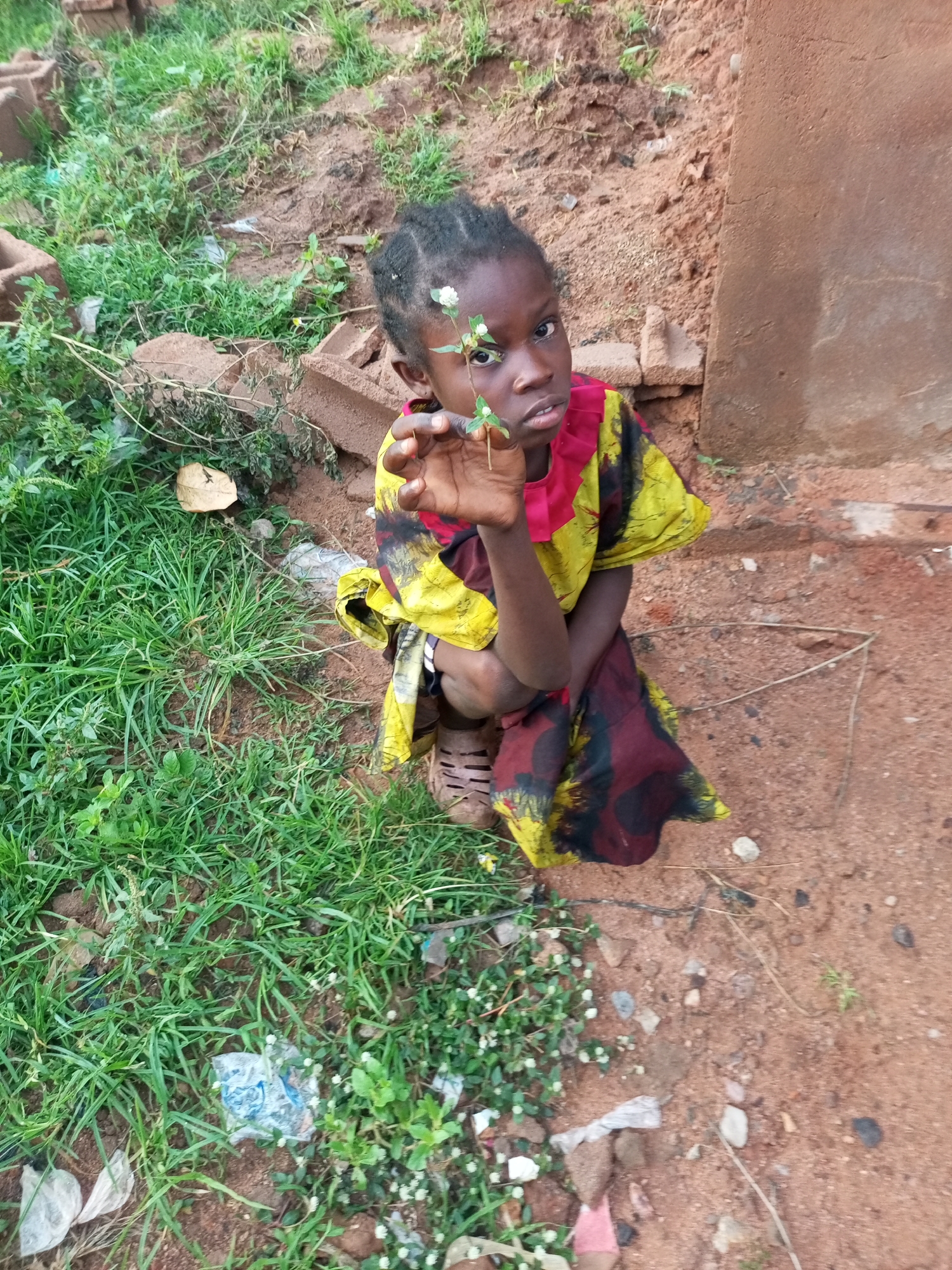 A young girl with dark skin and braided hair is kneeling on reddish-brown dirt in an outdoor environment with green grass and scattered bricks. She is wearing a dress with a yellow top and a dark red and black patterned skirt. The girl is holding a small stem with white flowers in her right hand, bringing it closer to her face. Her gaze is directed towards the camera. The background consists of more grass, dirt, and some building debris.