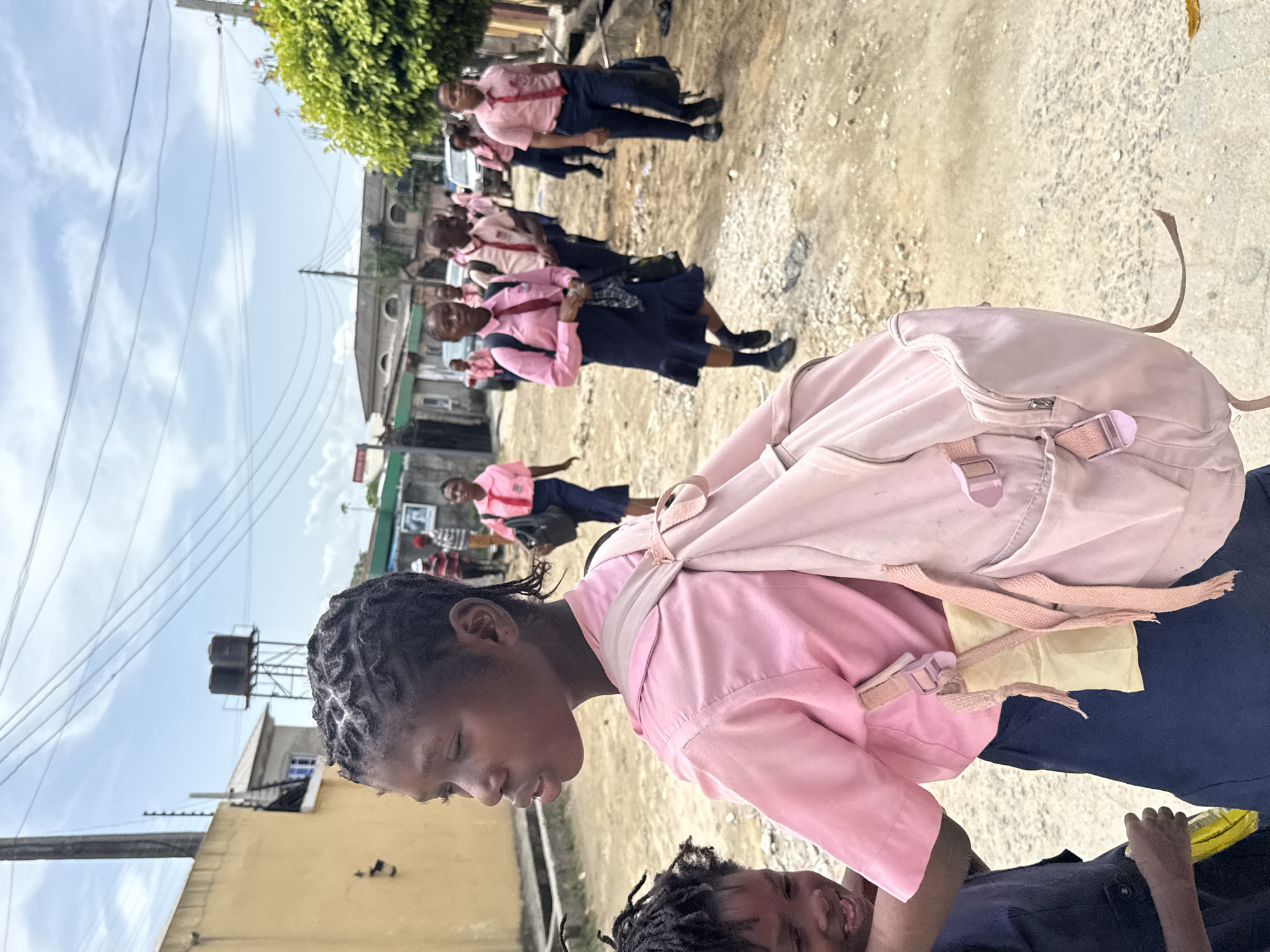 A medium-angle shot shows a group of young students walking on a street in Ado, Nigeria. They are wearing pink tops and dark skirts, typical of a school uniform, and are walking away from the camera. The student in the foreground is wearing a pink backpack and facing slightly to the left of the camera. The background is a dusty, unpaved street with buildings on either side. A group of students behind the student in the foreground is wearing the same uniform. Power lines and utility poles are visible, indicating a busy street. The lighting suggests it's daytime.