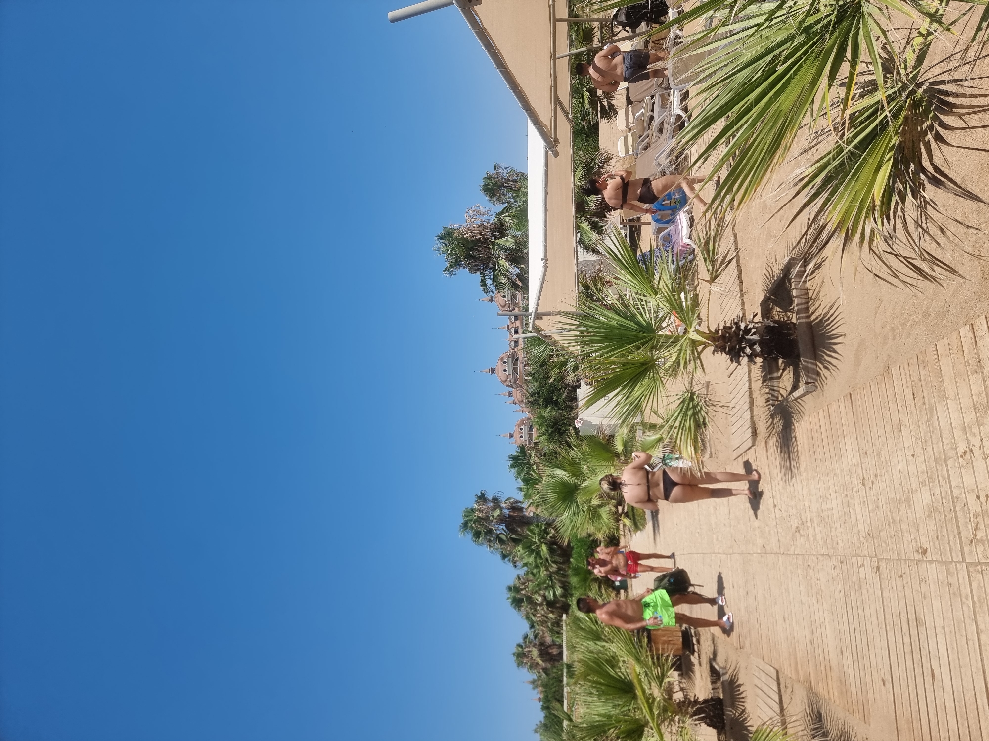 In Manavgat, Turkey, on a sandy beach with palm trees, a group of people are walking on a wooden walkway under a clear blue sky. A man in green shorts walks forward carrying a black bag, while another man in red shorts walks in the same direction. A woman in a black bikini walks away from the camera. Further down the path, a woman in a black bikini walks towards the right, and a man in dark swim trunks stands facing away from the camera, with other beachgoers and lounge chairs visible in the background. Buildings with domed roofs are visible in the distance, and a white canopy provides shade over lounge chairs.
