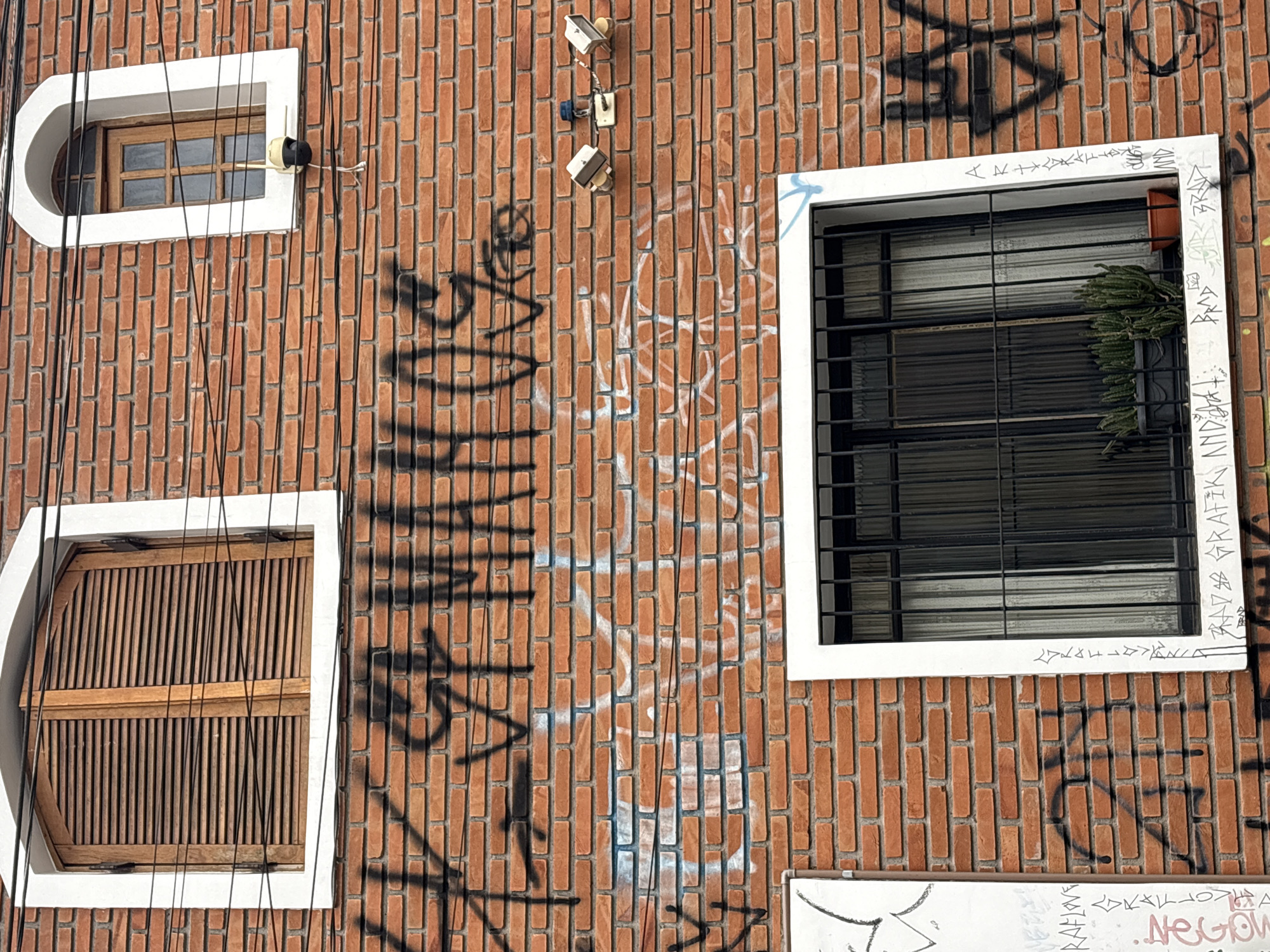 The image is a close-up, eye-level, exterior view of a red brick building with graffiti. Two windows are visible: the upper left window has wooden louvre shutters, and the upper right window is smaller with a wooden frame. Below these, on the right, is a larger window with a black metal security grate and curtains. There are several security cameras mounted on the brick wall. The wall is extensively covered in black and white spray paint graffiti, with some blue spray paint visible as well. Wires are strung across the facade of the building, passing in front of the windows. A small potted succulent is visible inside the lower right window. The overall impression is of an urban environment, likely in São Paulo, Brazil, given the style of architecture and graffiti.